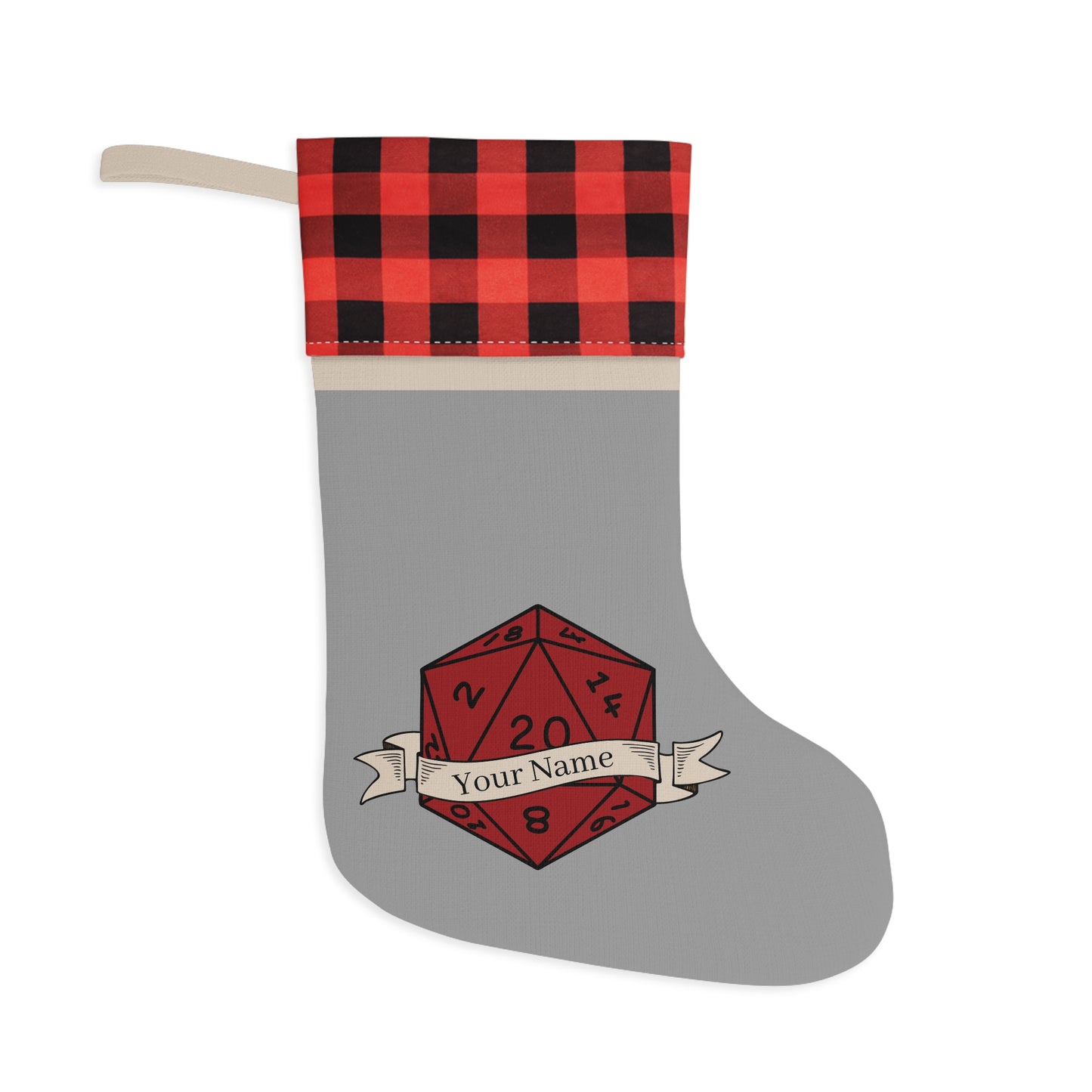 Personalized D20 Christmas Stocking, Rustic Buffalo Plaid Burlap