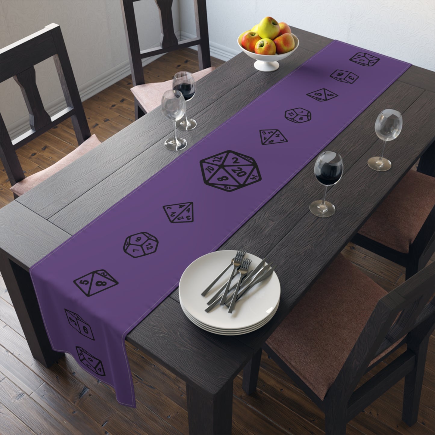 D20 TTRPG Dice, Purple and Black Table Runner, Game Night, DnD Wedding Table, Gaming Table, (Cotton, Poly)