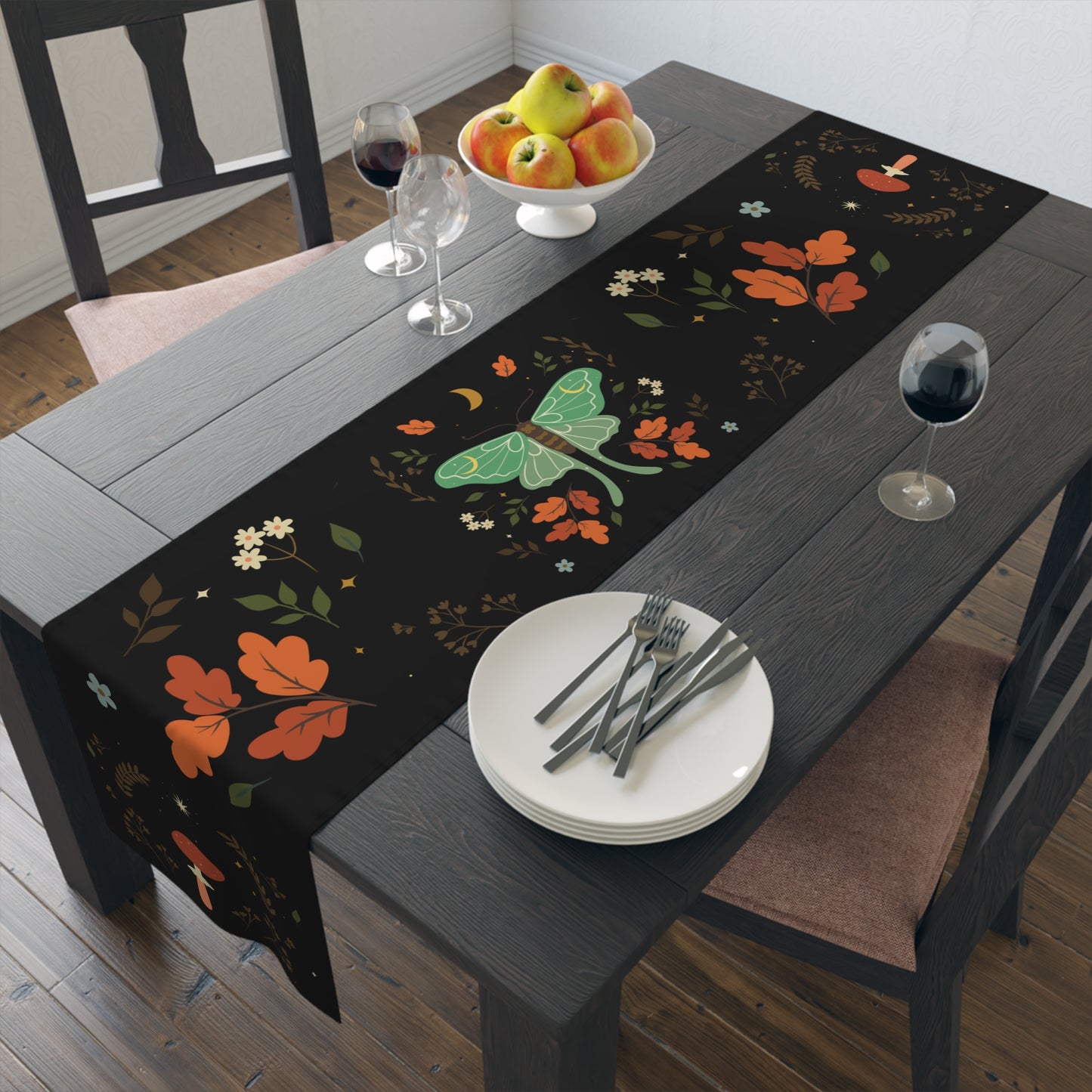Dark Academia Lunar Moth Mushroom Fall Table Runner (Cotton, Poly)