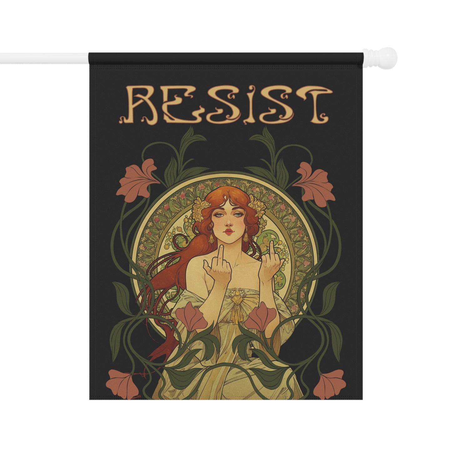 Protest Flag, Mucha Style Woman Flipping the Bird Banner, Political Activist Garden Decor, Feminist Art Nouveau Flag, Resist Flag, House