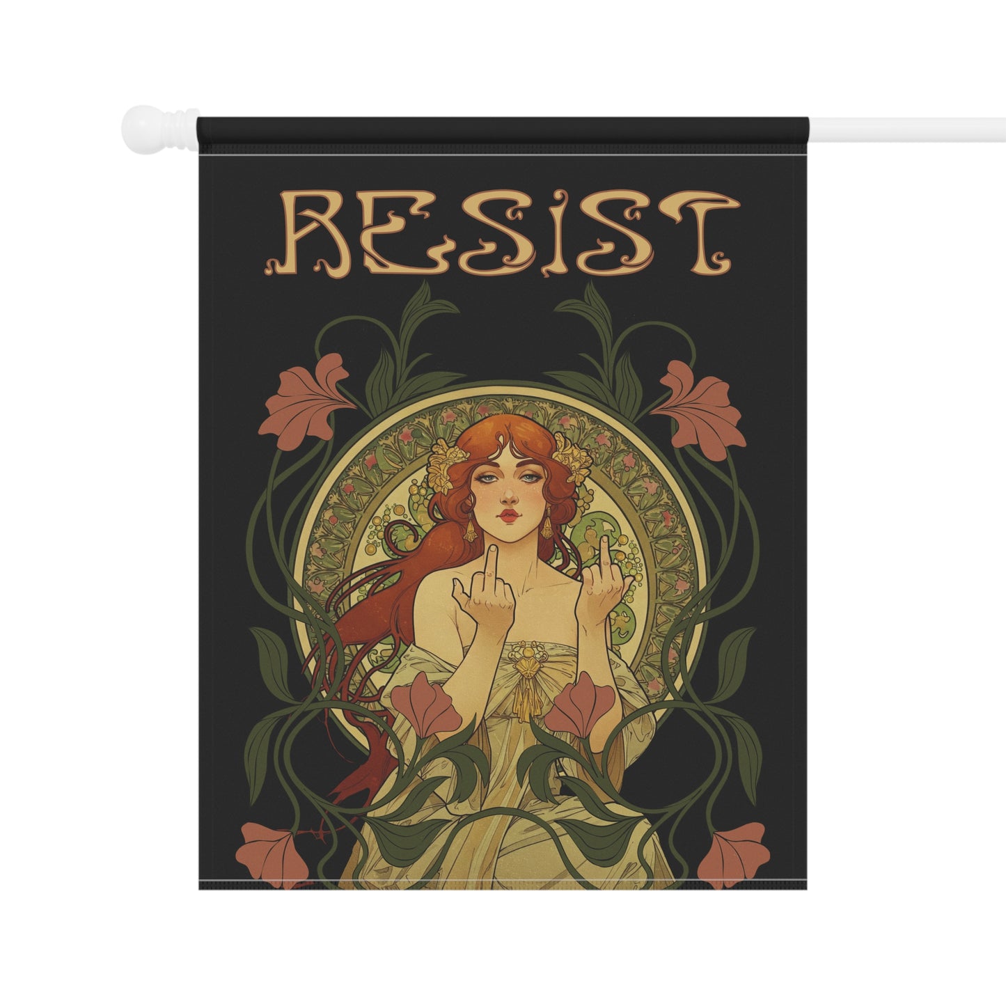 Protest Flag, Mucha Style Woman Flipping the Bird Banner, Political Activist Garden Decor, Feminist Art Nouveau Flag, Resist Flag, House