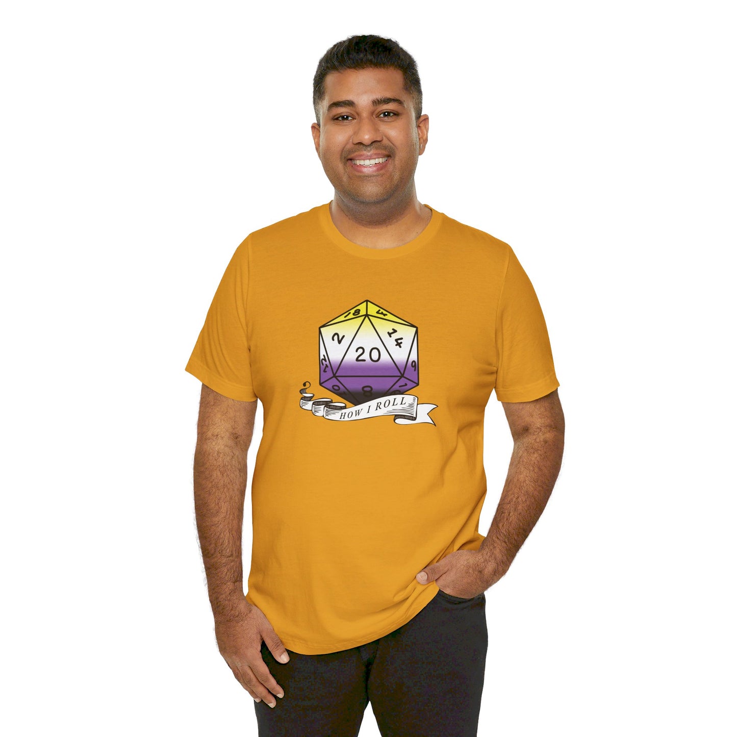 Non-Binary Pride Flag | This Is How I Roll | D20 T-Shirt | Unisex T-Shirt | Nerdy Non-Binary Pride