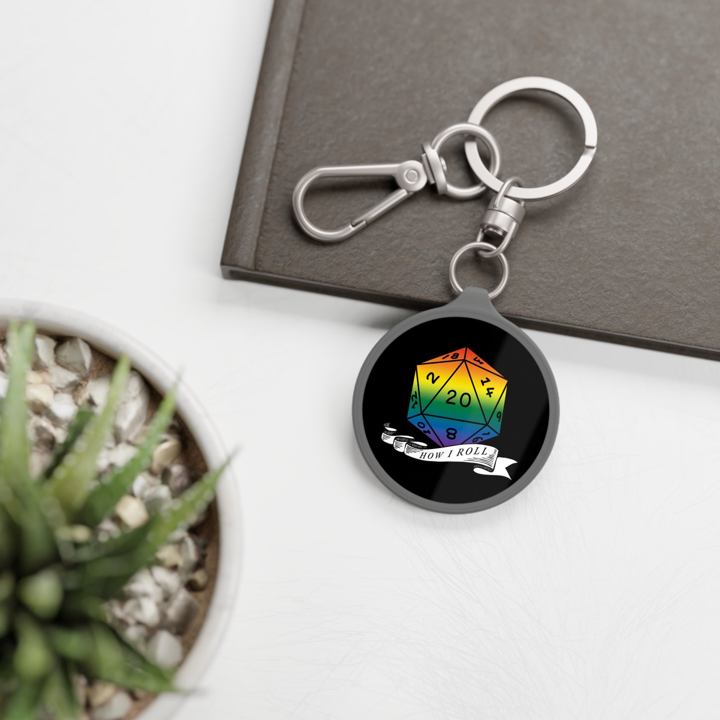 D20 Rainbow Pride Flag Keychain, "How I Roll", LGBTQ Pride Keyring Bag Tag