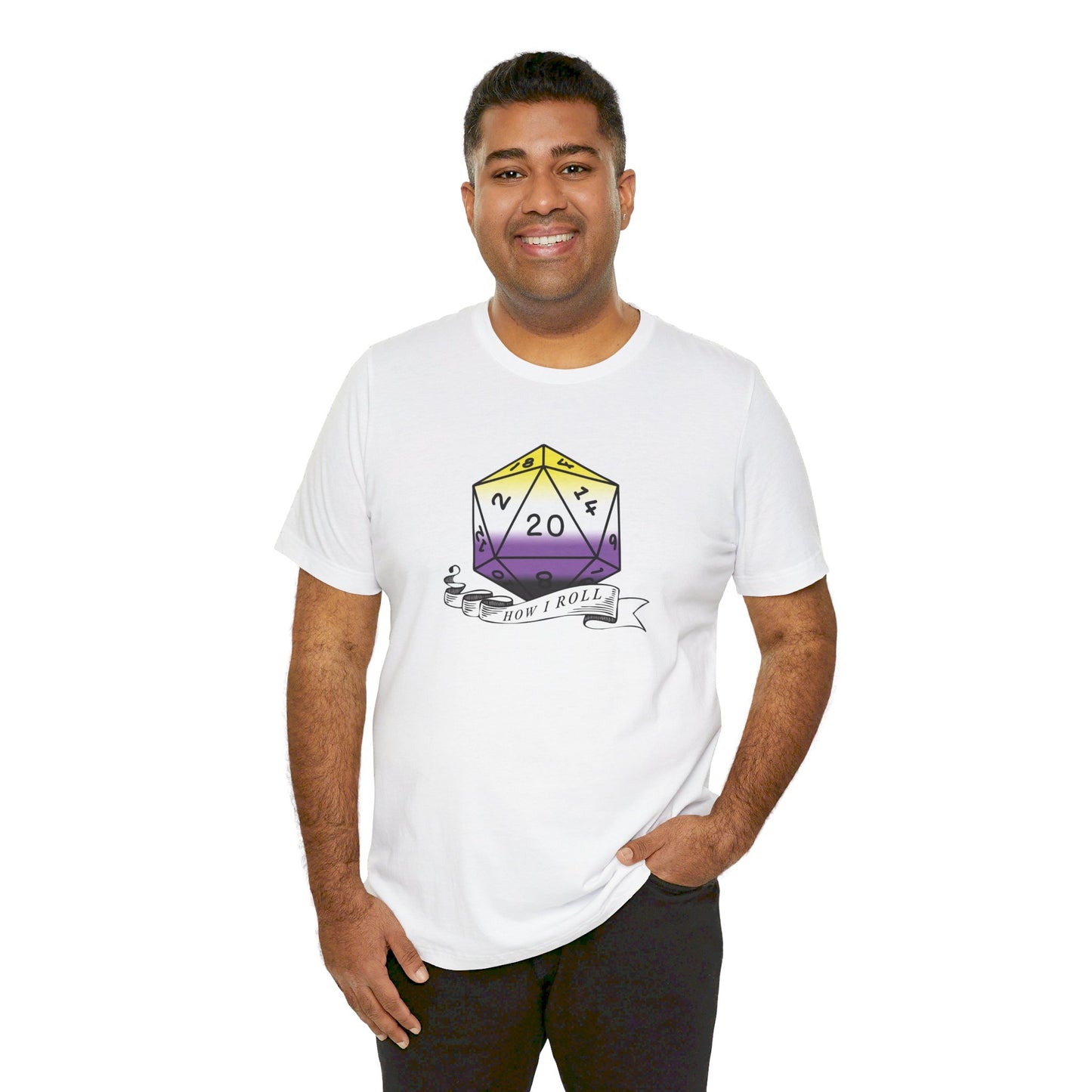 Non-Binary Pride Flag | This Is How I Roll | D20 T-Shirt | Unisex T-Shirt | Nerdy Non-Binary Pride