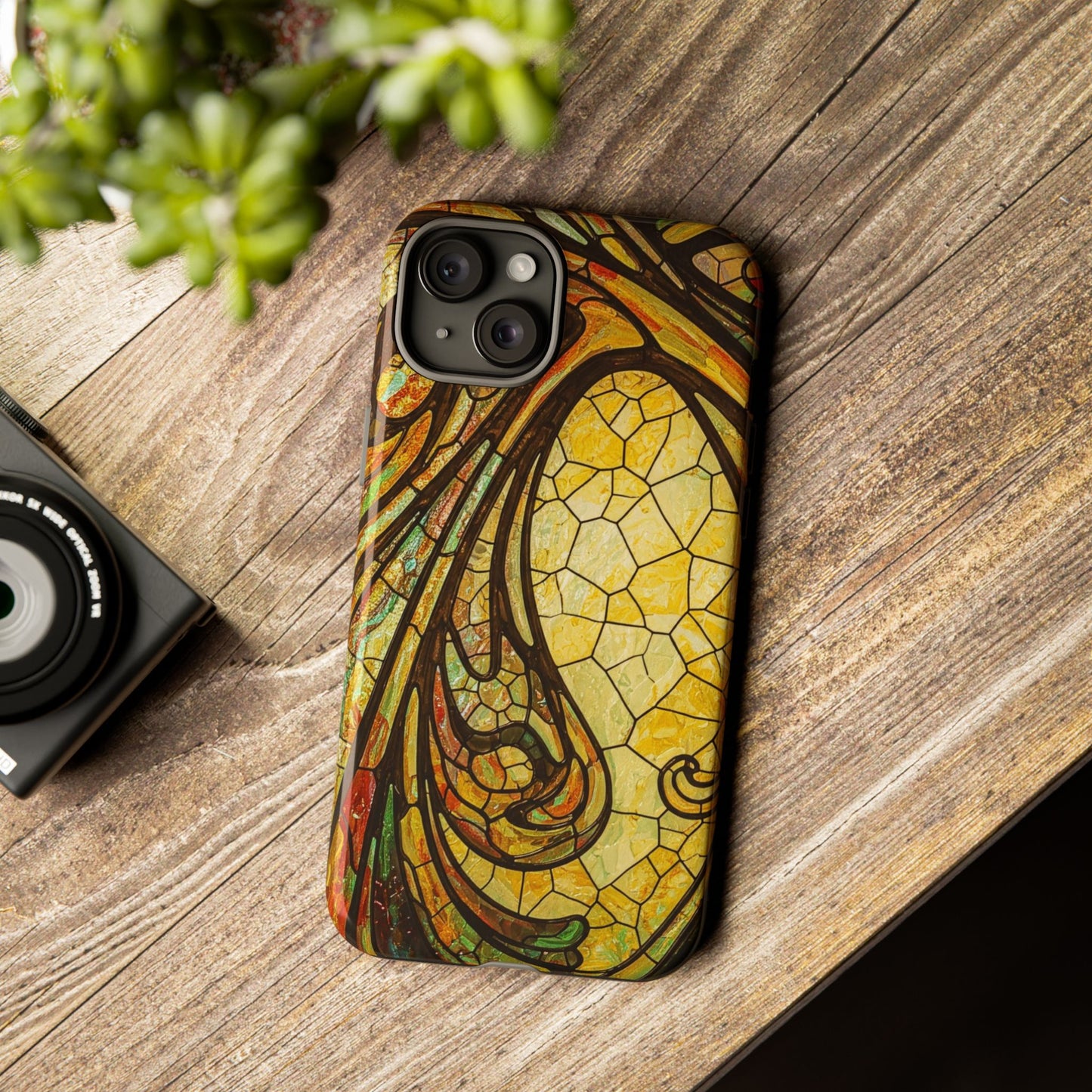 Faux Stained Glass Art Nouveau Style iPhone Case, Tough Cases, Vintage Design, Durable Phone Protector, Earth tones