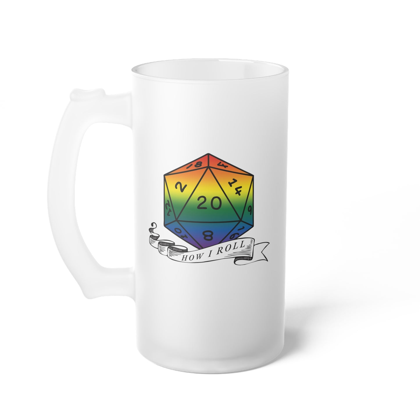 D20 Pride Flag How I Roll Frosted Glass Beer Mug 16 oz