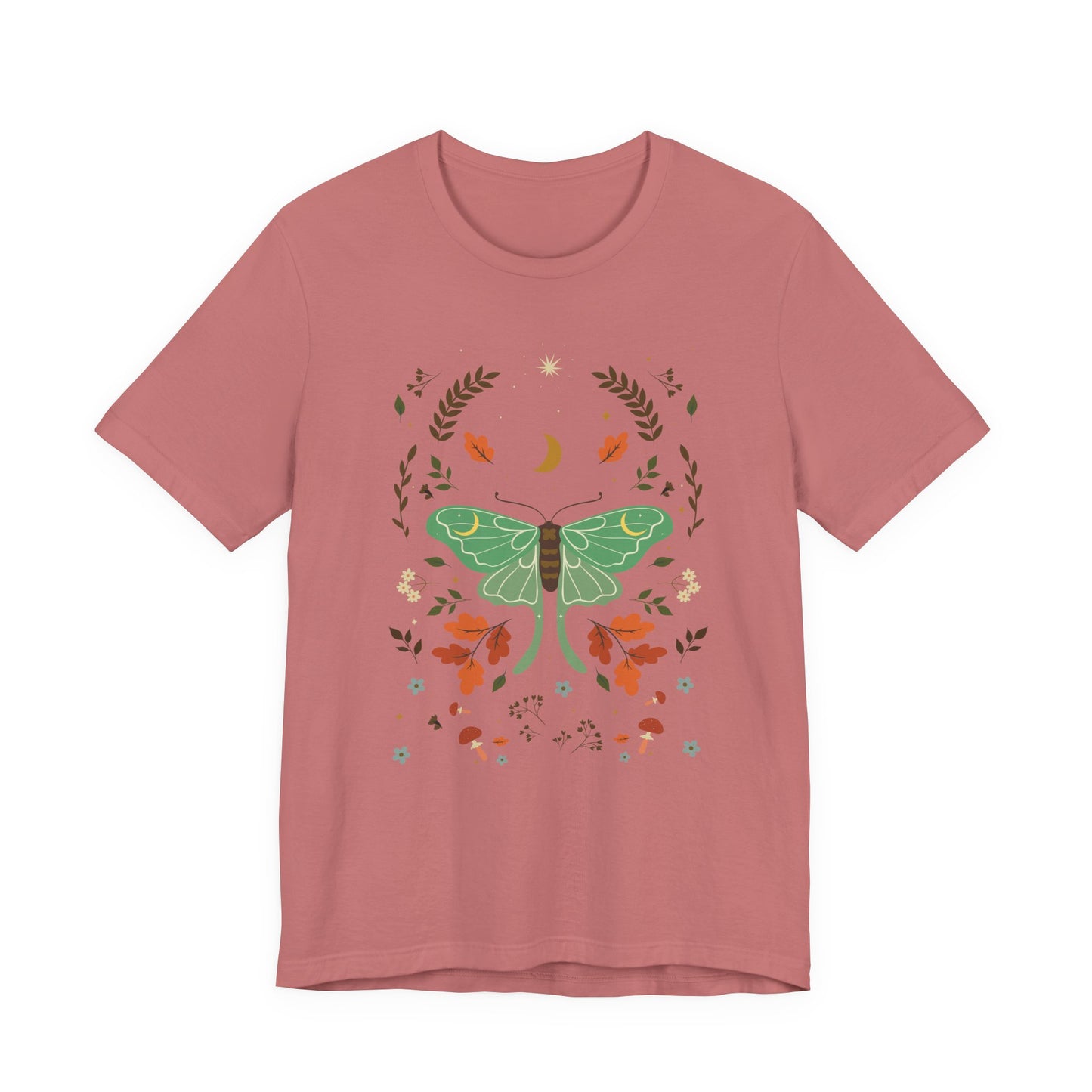 Cottagecore Luna Moth Mushroom Autumn Leaves Short Sleeve T-shirt
