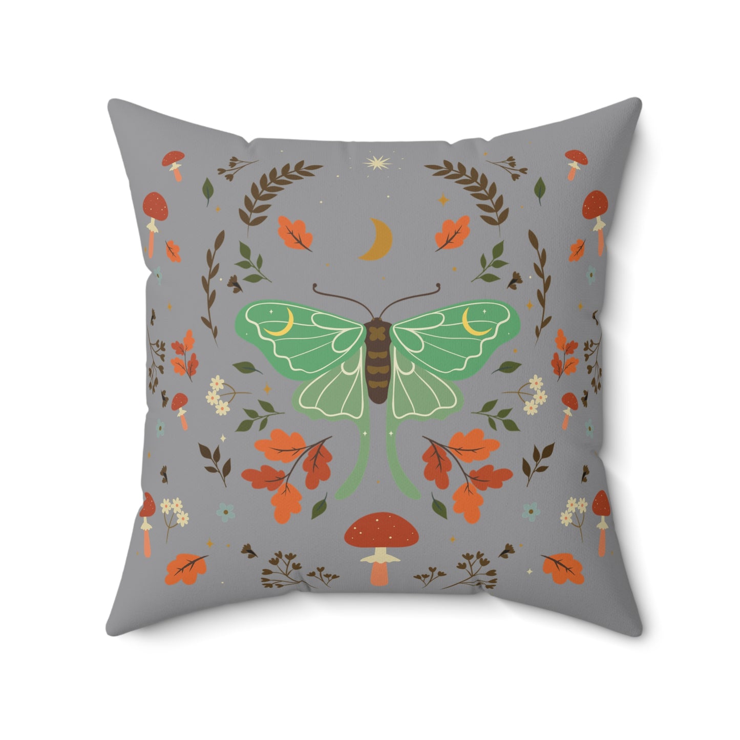 Cottagecore Dark Academia Luna Moth and Mushrooms Throw Pillow