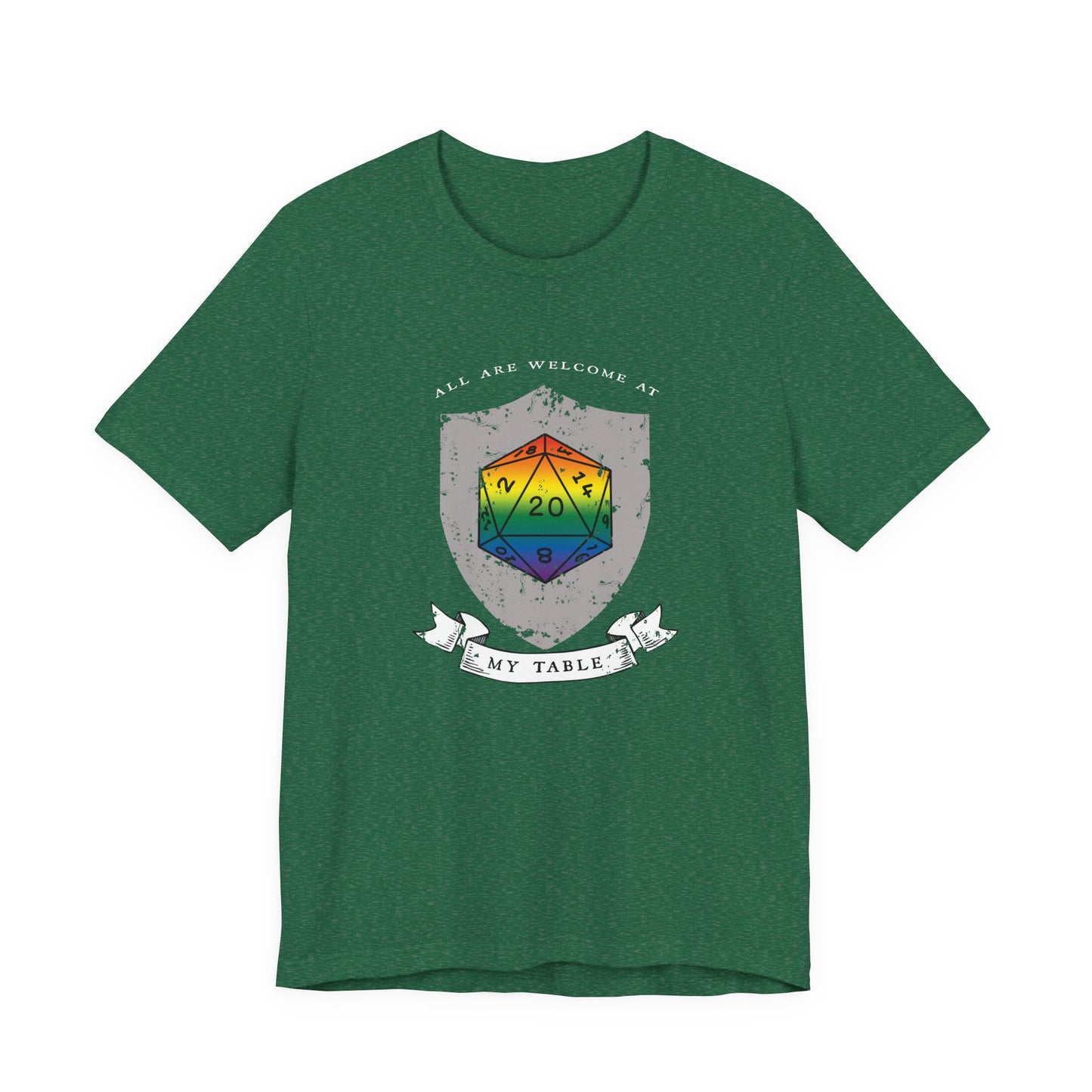 All Are Welcome At My Table | Ally | Game Mater| Dungeon Master | Pride Flag D20 T-Shirt | Unisex T-Shirt | Nerdy Non-Binary Pride