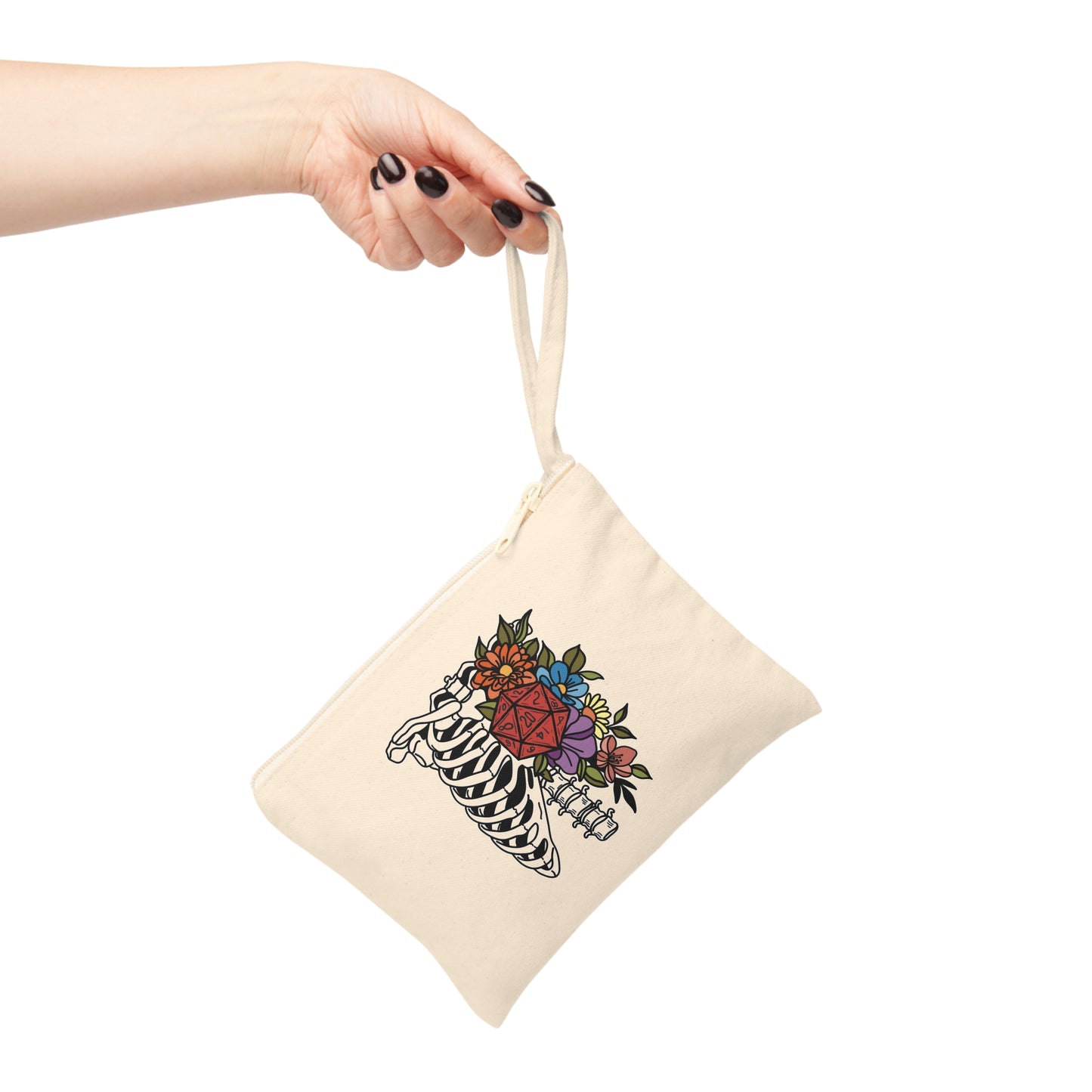 D20 Floral Skeleton Ribcage Dice Bag, Accessory Zipper Pouch
