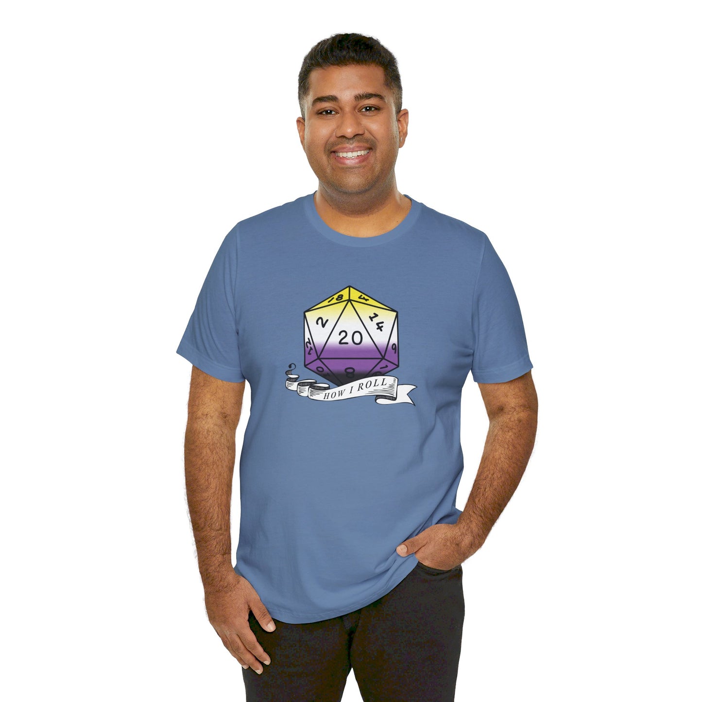 Non-Binary Pride Flag | This Is How I Roll | D20 T-Shirt | Unisex T-Shirt | Nerdy Non-Binary Pride