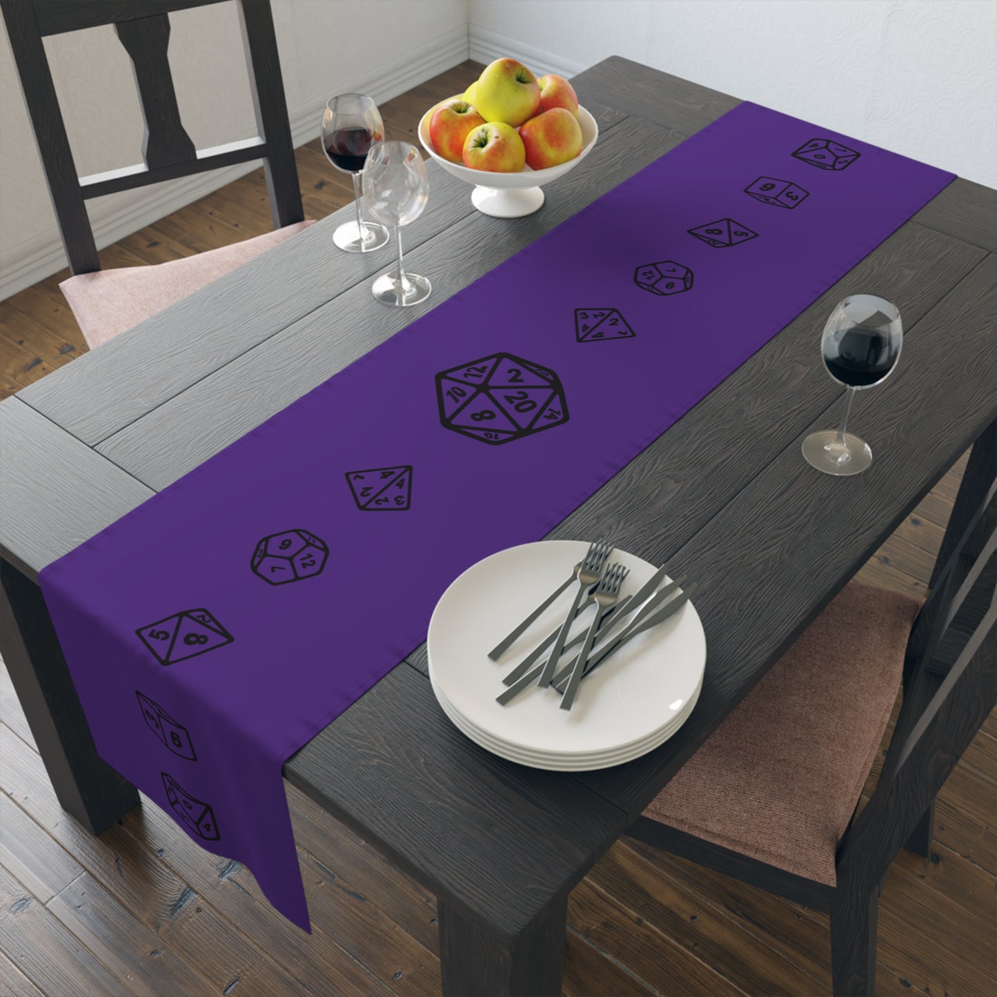 D20 TTRPG Dice, Purple and Black Table Runner, Game Night, DnD Wedding Table, Gaming Table, (Cotton, Poly)