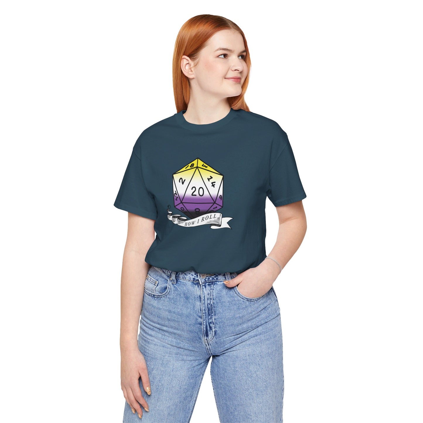 Non-Binary Pride Flag | This Is How I Roll | D20 T-Shirt | Unisex T-Shirt | Nerdy Non-Binary Pride