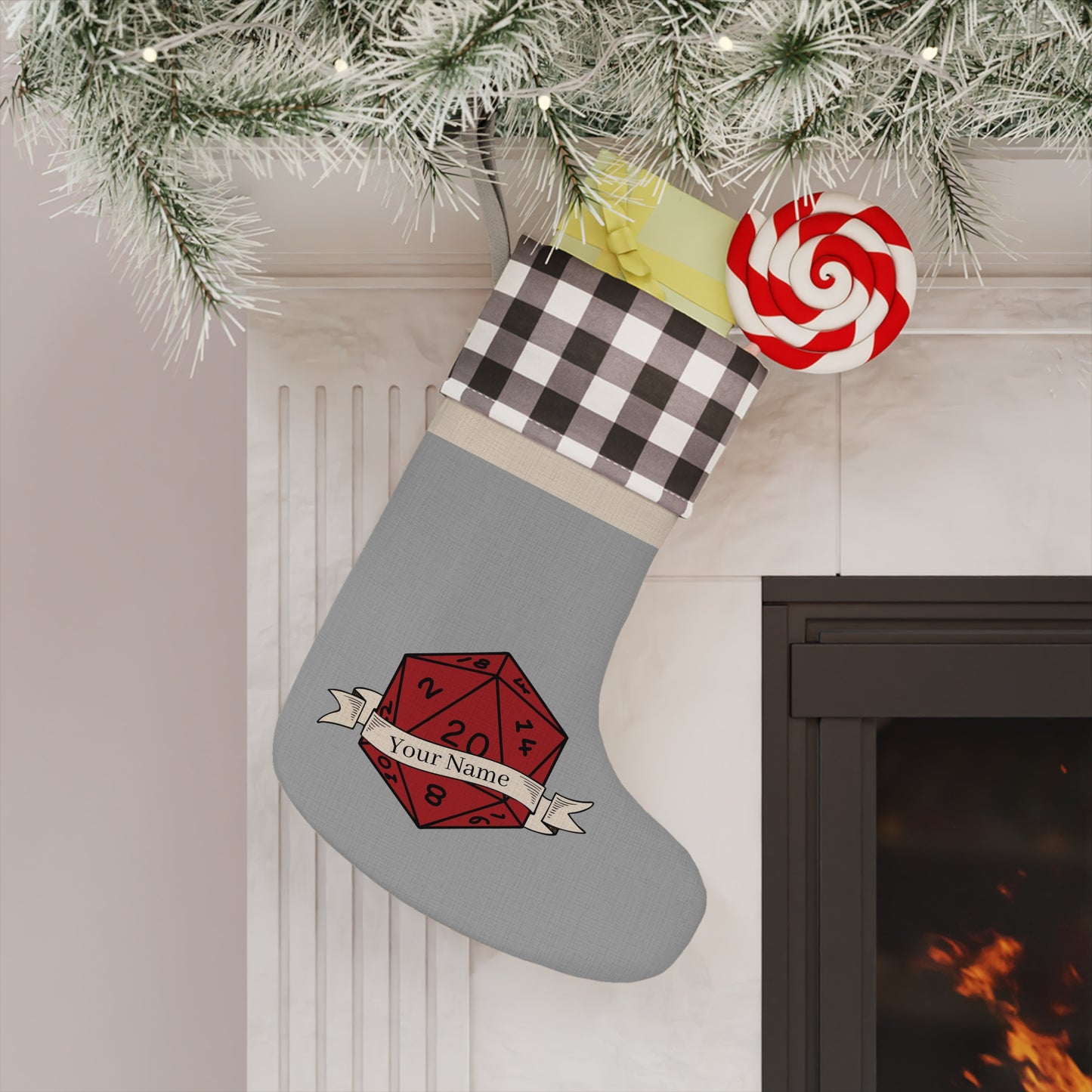 Personalized D20 Christmas Stocking, Rustic Buffalo Plaid Burlap