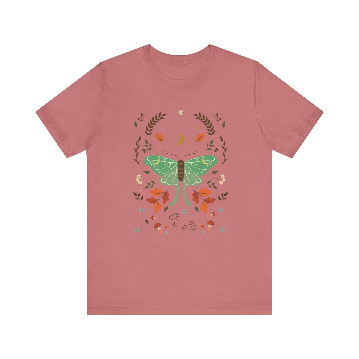 Cottagecore Luna Moth Mushroom Autumn Leaves Short Sleeve T-shirt