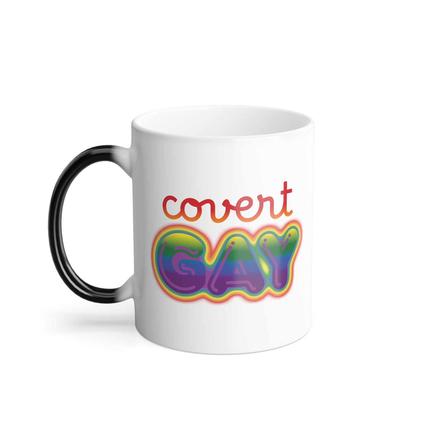 Mug - Color Gay Pride Color Morphing Mug 11oz, Color Changing Cup, Covert Gay, LGBTQ+ Gift, Rainbow Lettering, Funny Mug