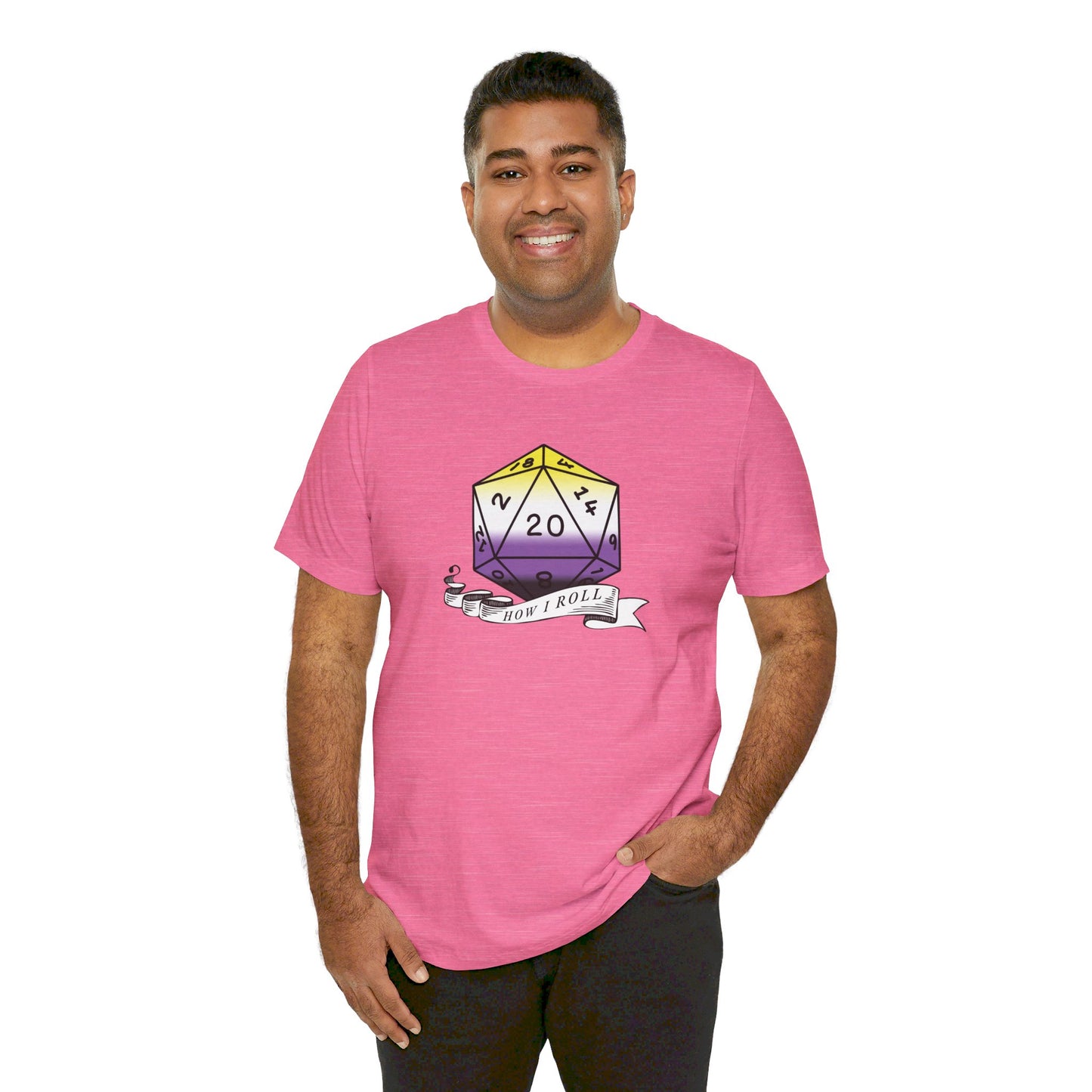 Non-Binary Pride Flag | This Is How I Roll | D20 T-Shirt | Unisex T-Shirt | Nerdy Non-Binary Pride