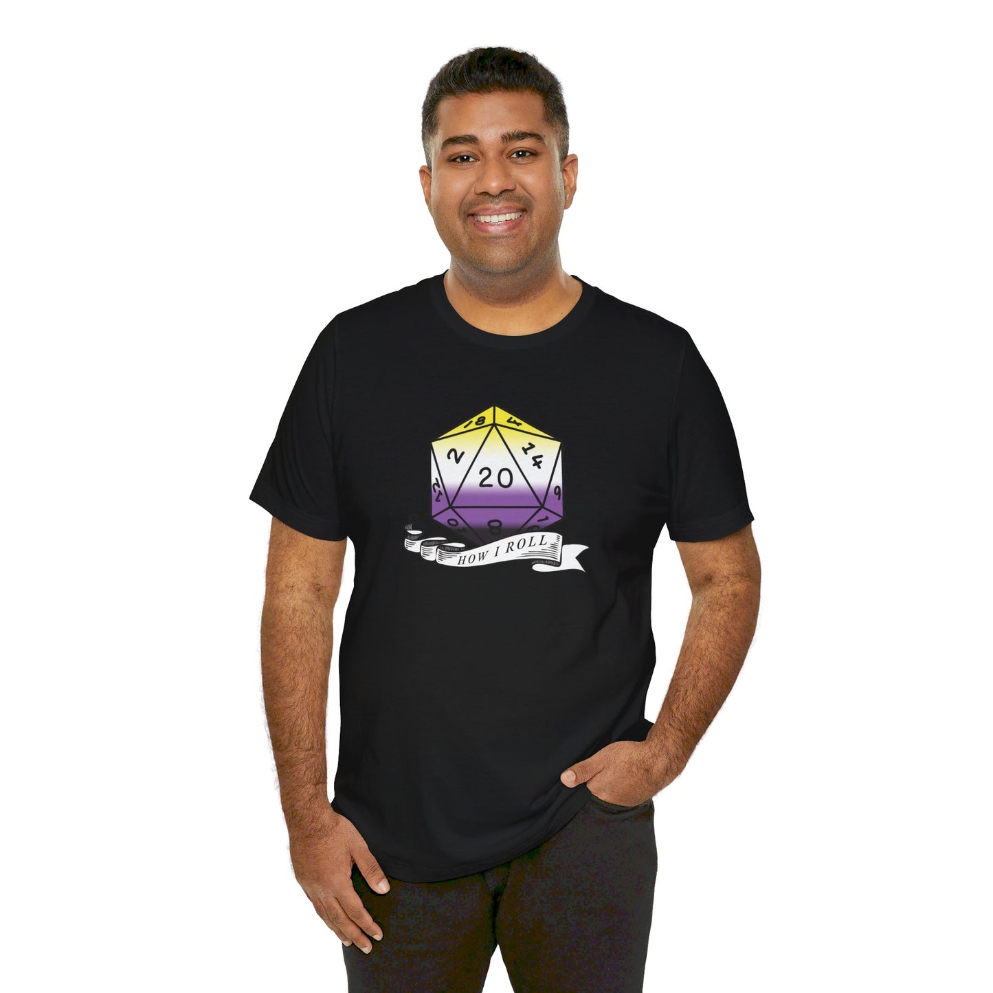 Non-Binary Pride Flag | This Is How I Roll | D20 T-Shirt | Unisex T-Shirt | Nerdy Non-Binary Pride