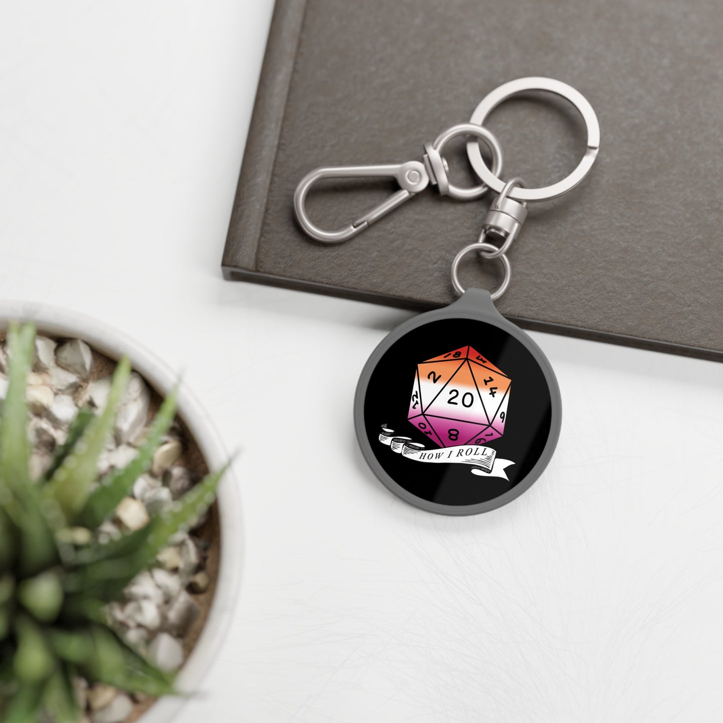 D20 Lesbian Pride Flag Keychain, "How I Roll", LGBTQ Pride Keyring Bag Tag