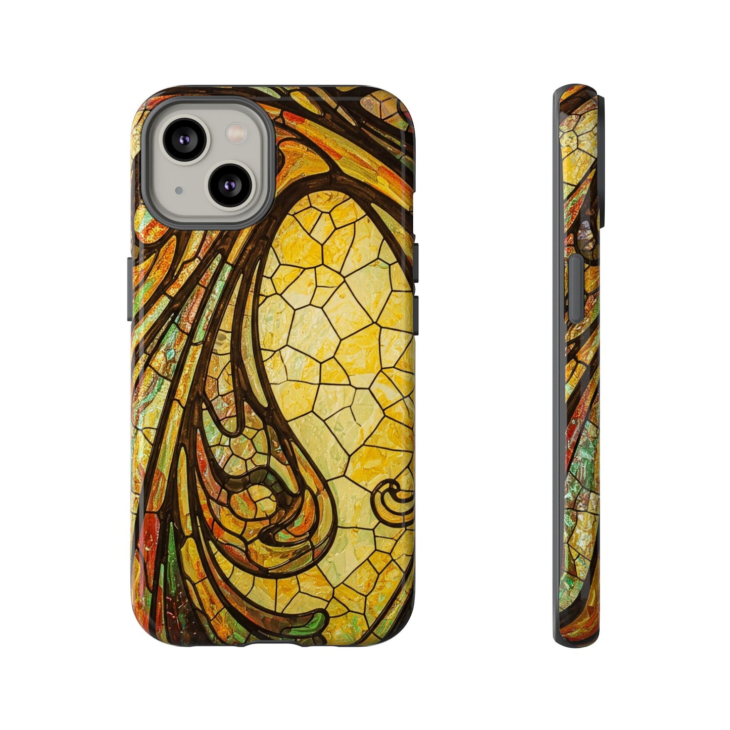 Faux Stained Glass Art Nouveau Style iPhone Case, Tough Cases, Vintage Design, Durable Phone Protector, Earth tones