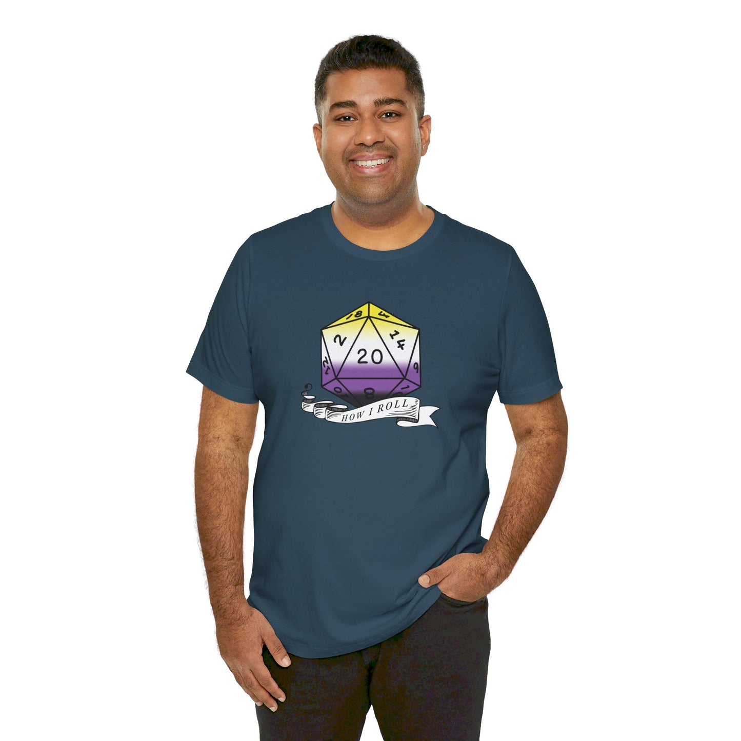 Non-Binary Pride Flag | This Is How I Roll | D20 T-Shirt | Unisex T-Shirt | Nerdy Non-Binary Pride