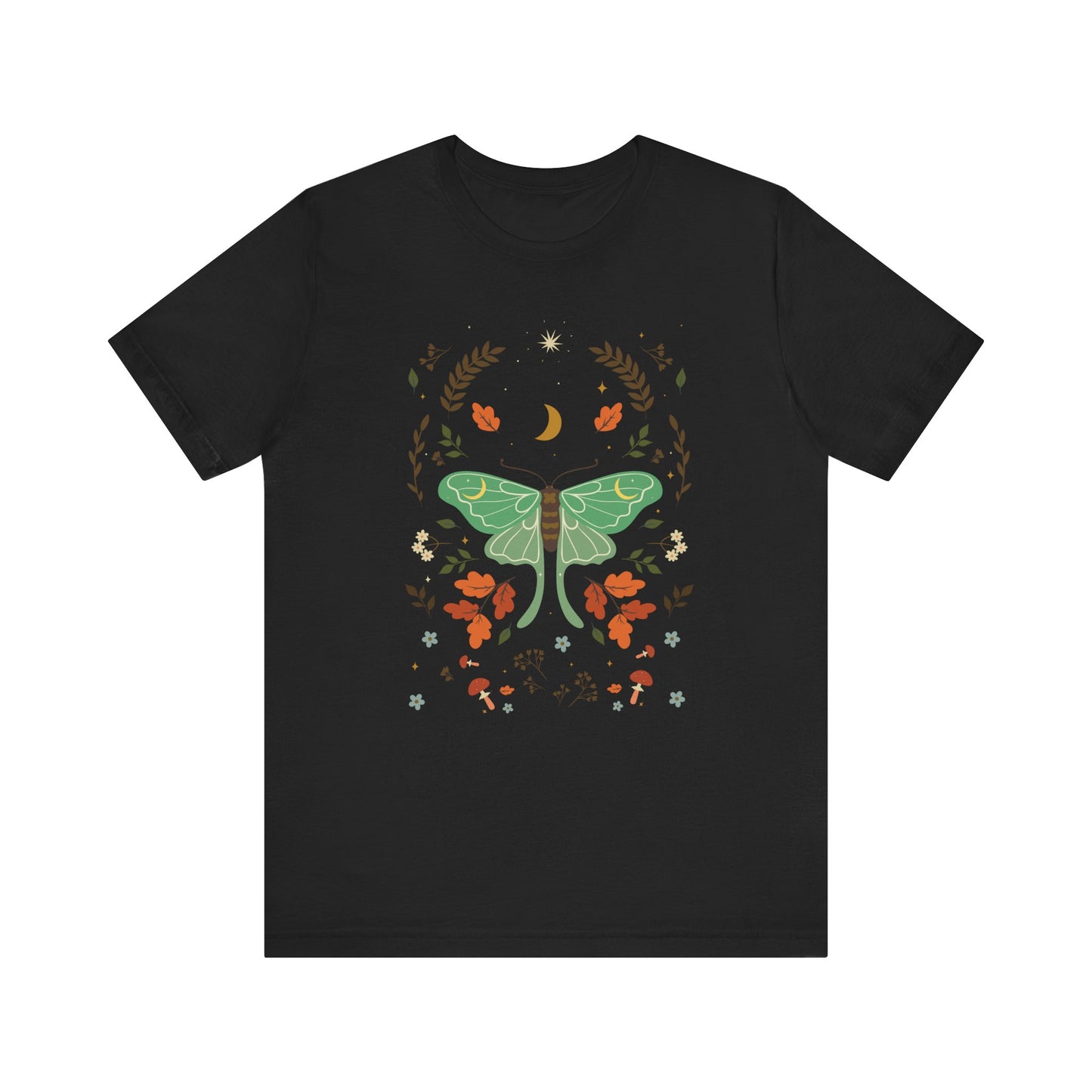 Cottagecore Luna Moth Mushroom Autumn Leaves Short Sleeve T-shirt