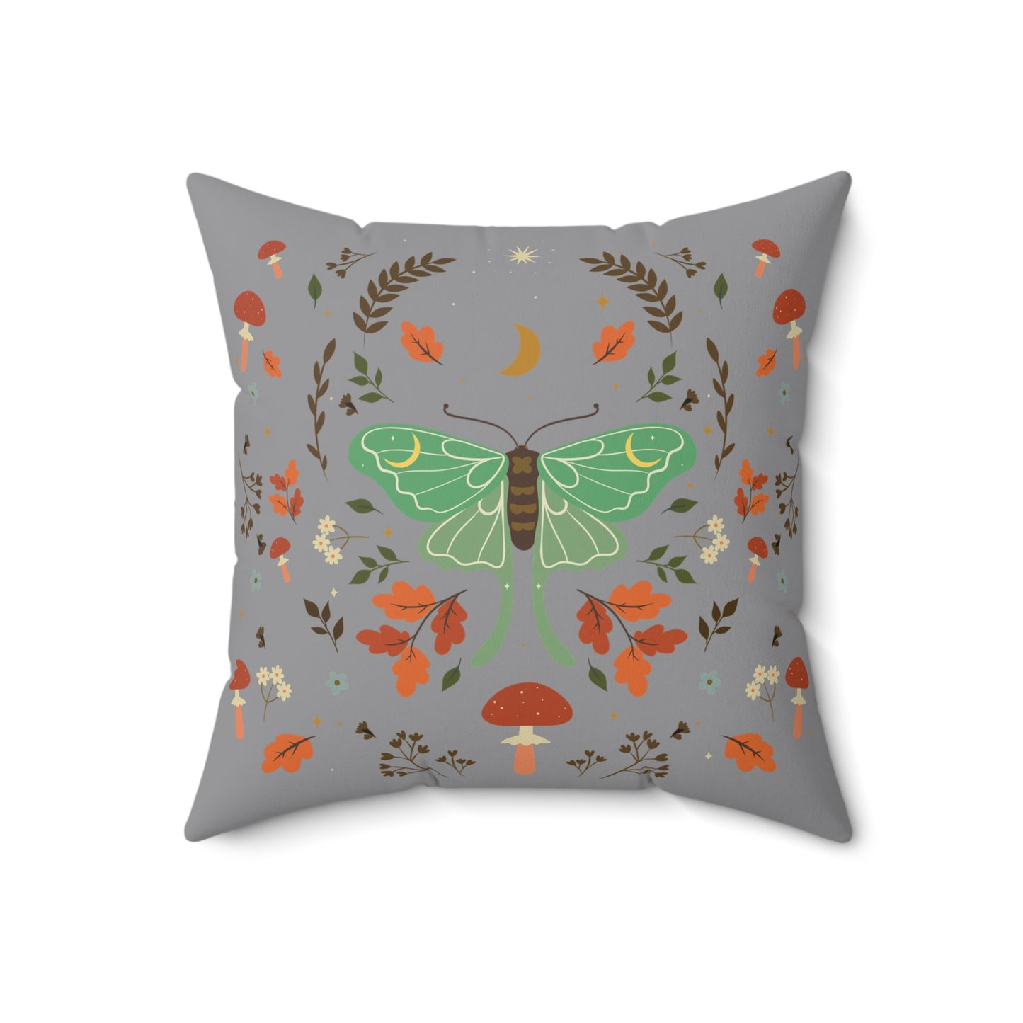 Cottagecore Dark Academia Luna Moth and Mushrooms Throw Pillow