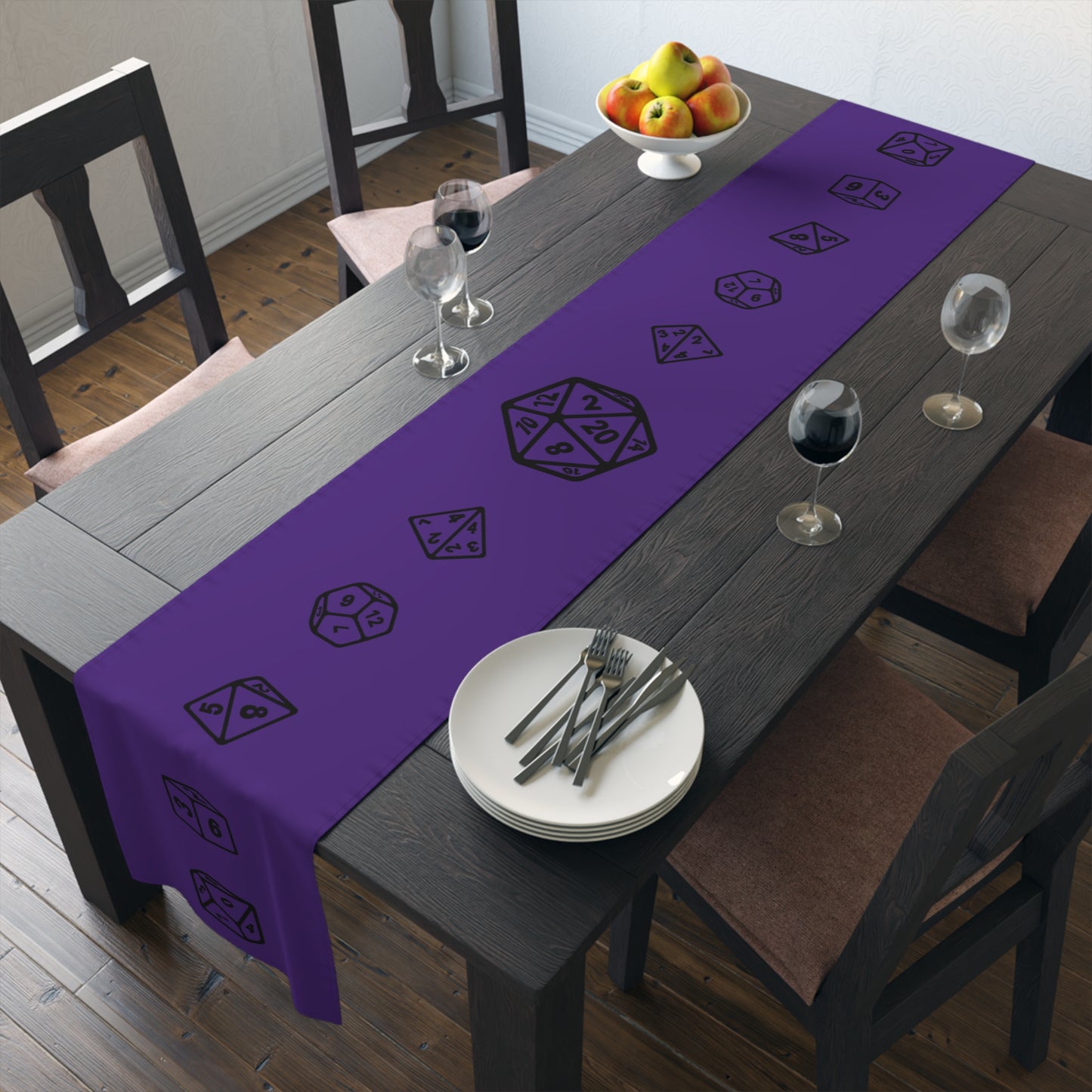 D20 TTRPG Dice, Purple and Black Table Runner, Game Night, DnD Wedding Table, Gaming Table, (Cotton, Poly)