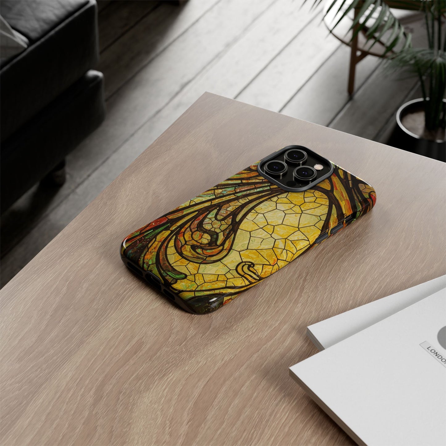 Faux Stained Glass Art Nouveau Style iPhone Case, Tough Cases, Vintage Design, Durable Phone Protector, Earth tones