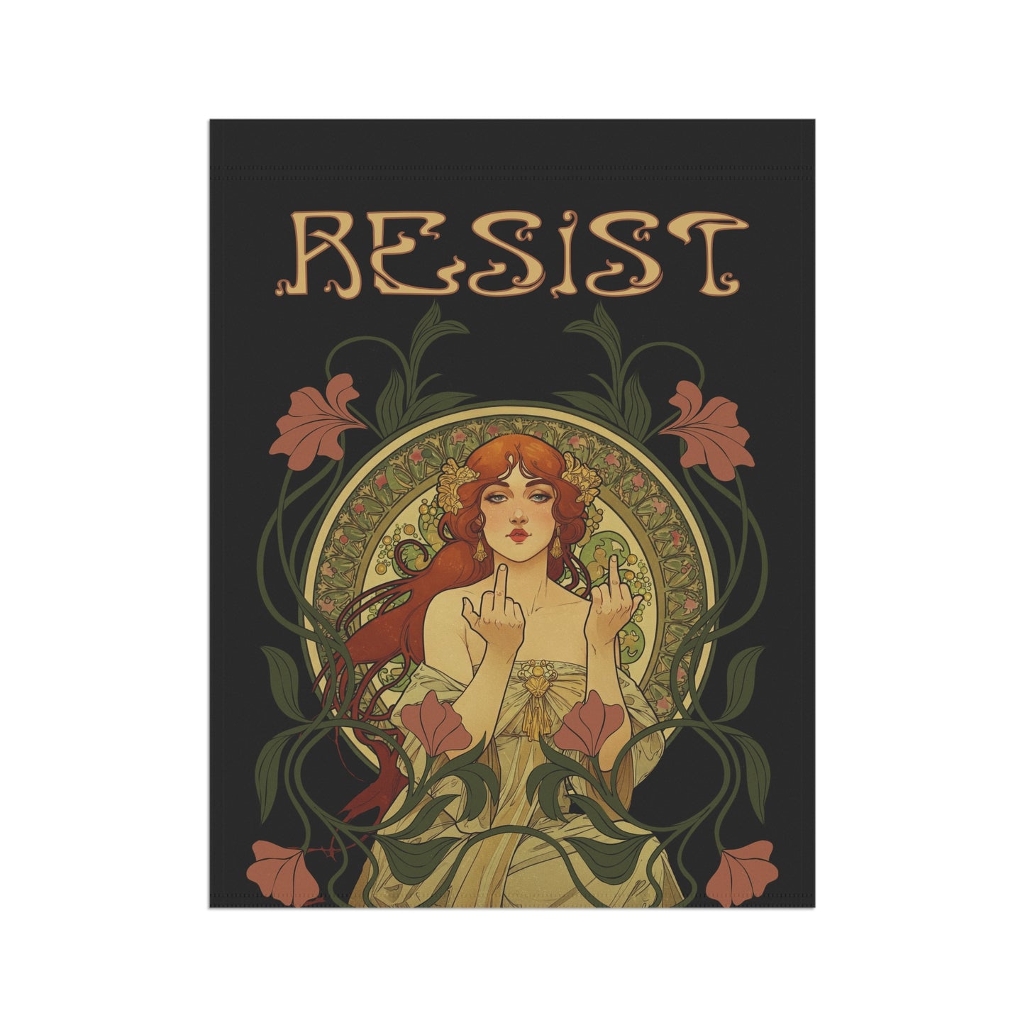 Protest Flag, Mucha Style Woman Flipping the Bird Banner, Political Activist Garden Decor, Feminist Art Nouveau Flag, Resist Flag, House