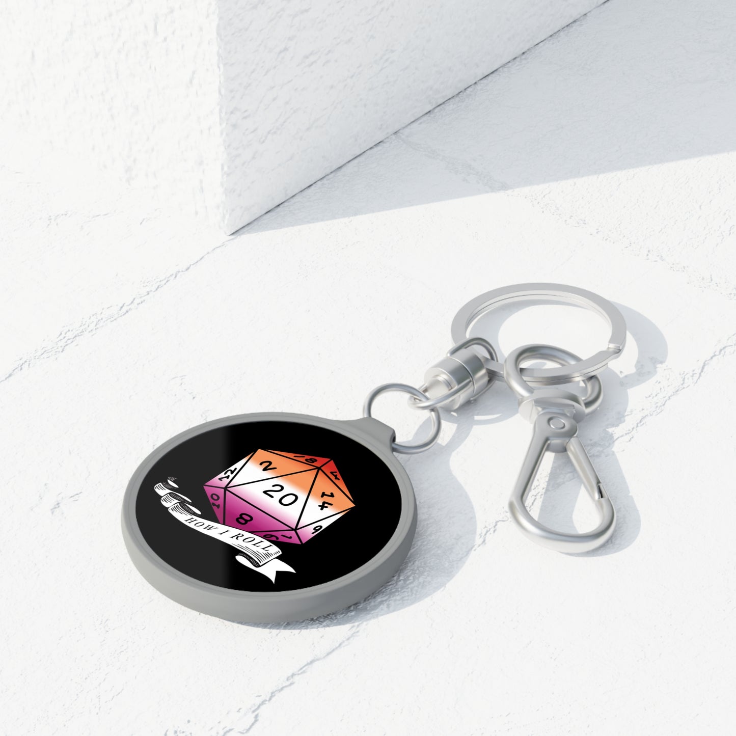 D20 Lesbian Pride Flag Keychain, "How I Roll", LGBTQ Pride Keyring Bag Tag
