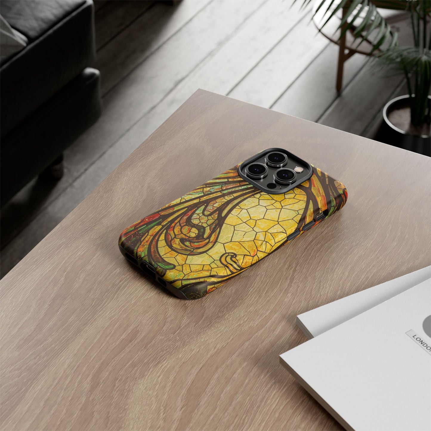 Faux Stained Glass Art Nouveau Style iPhone Case, Tough Cases, Vintage Design, Durable Phone Protector, Earth tones
