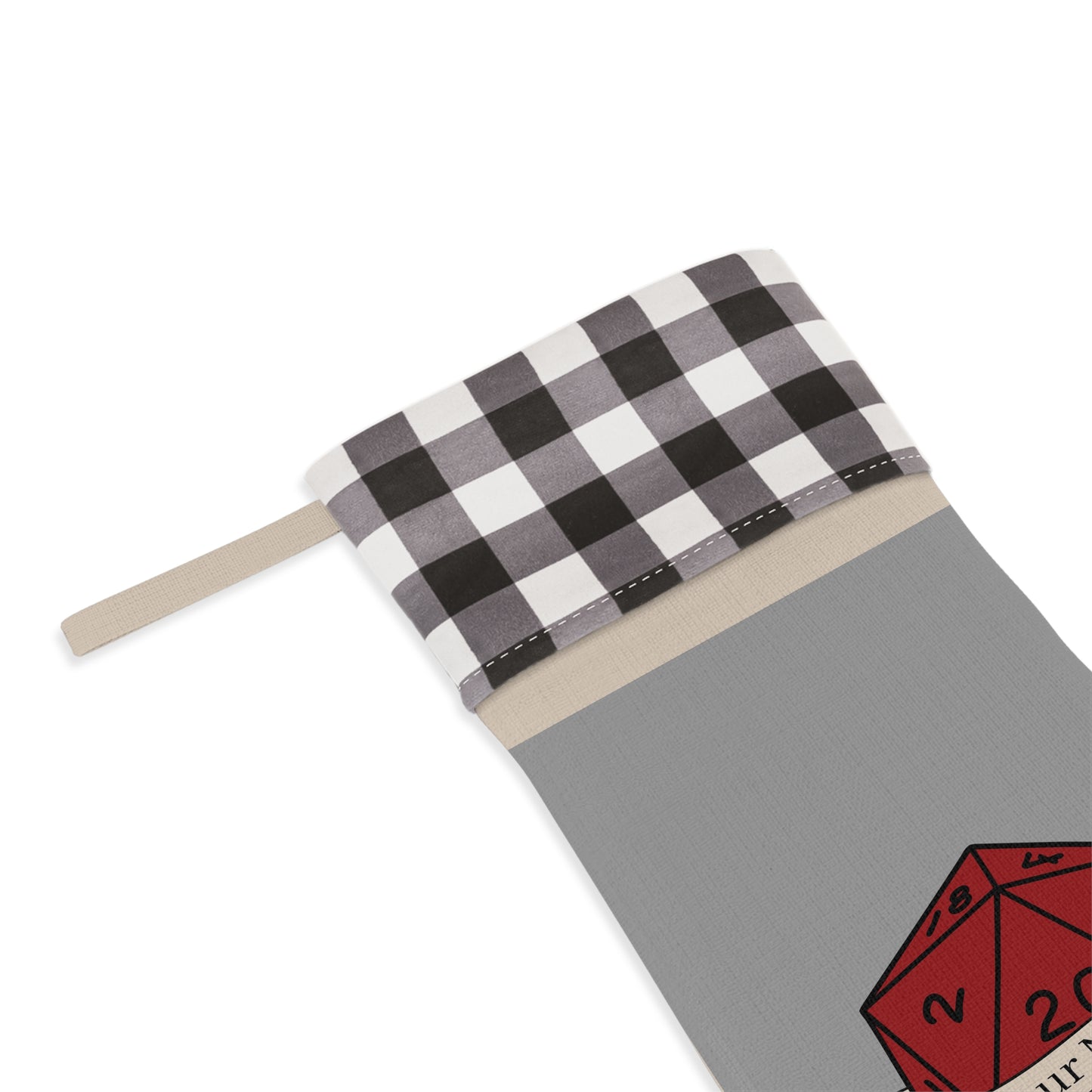 Personalized D20 Christmas Stocking, Rustic Buffalo Plaid Burlap