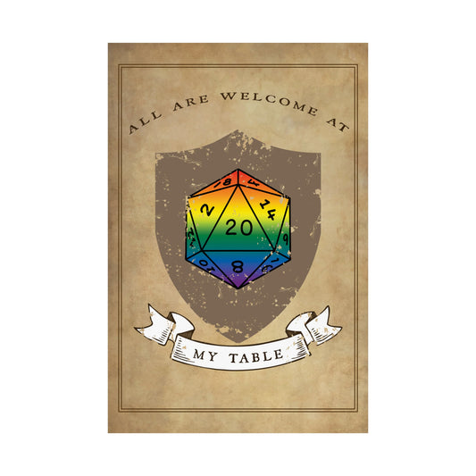 TTRPG D20 Pride Flag All Are Welcome At My Table Matte Vertical Poster
