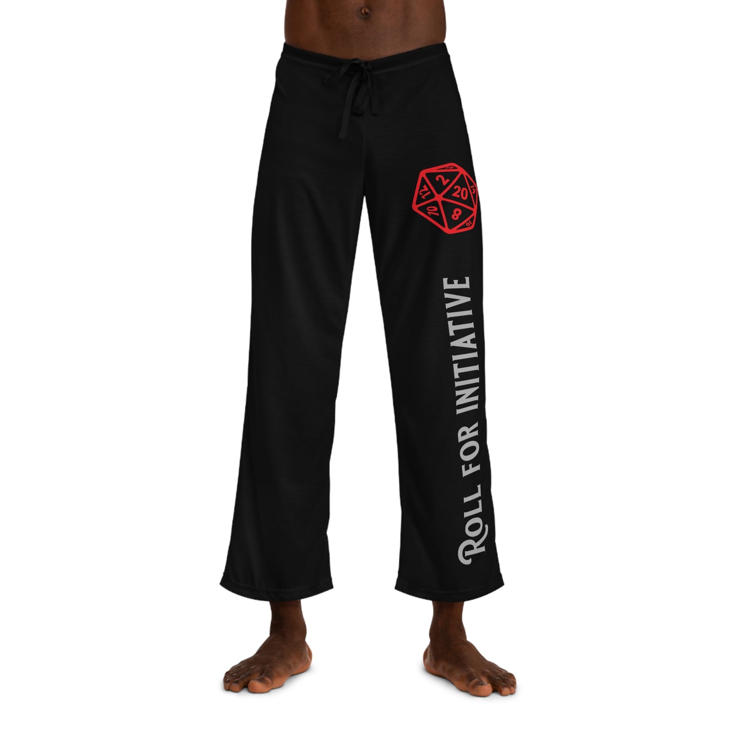 Black pajama pants with red and white text and graphics on a white background