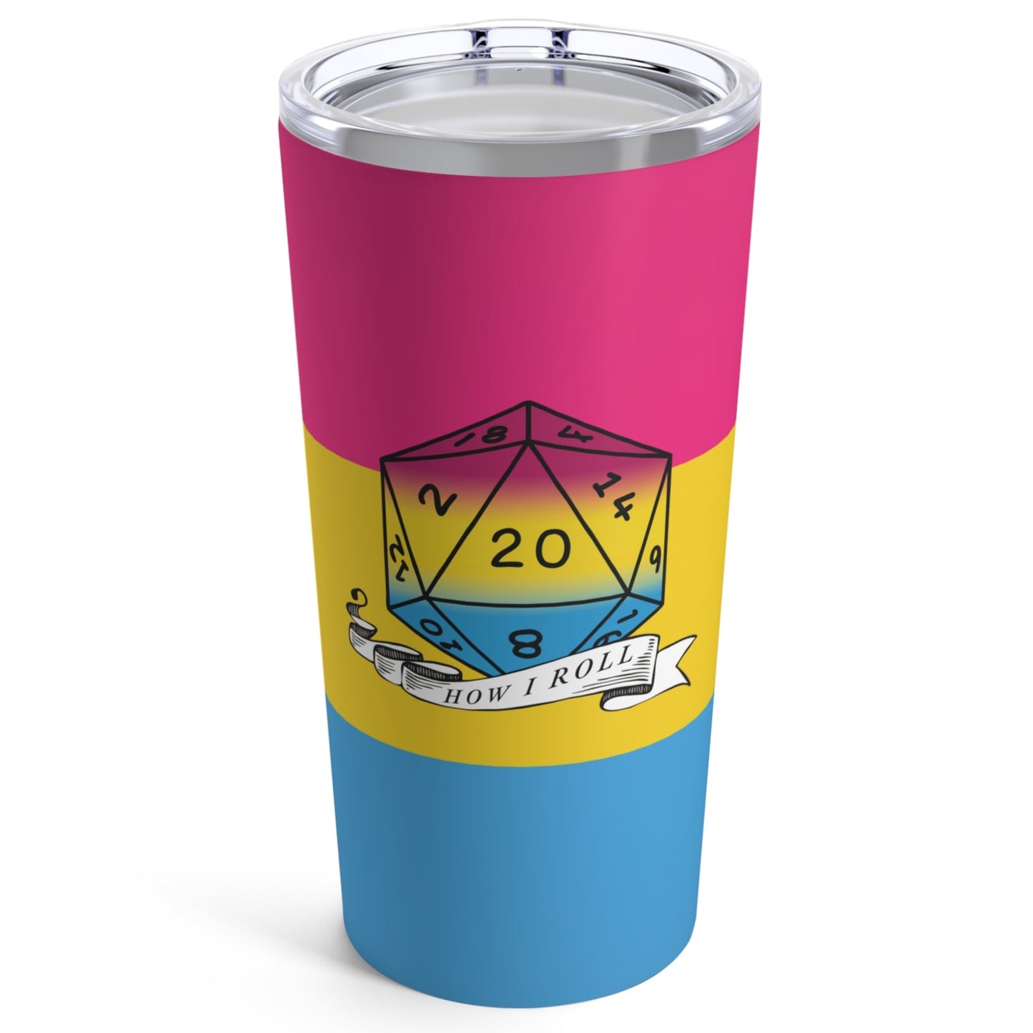 A 20 oz stainless steel tumbler with a colorful D20 pansexual pride design featuring a geometric pattern and a clear push-on lid.