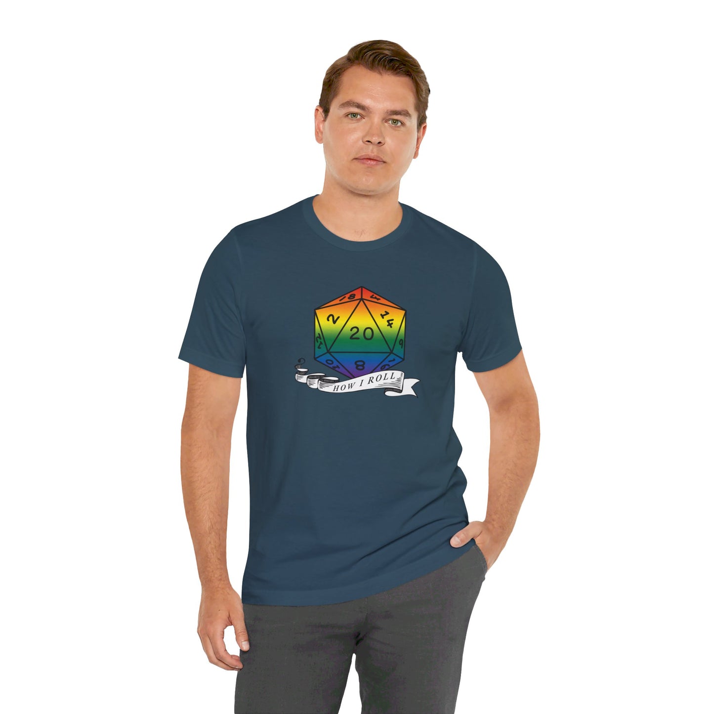 Rainbow Pride D20 "How I Roll" Unisex Jersey Short Sleeve Tee