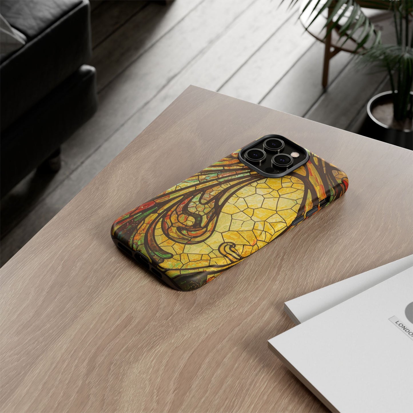 Faux Stained Glass Art Nouveau Style iPhone Case, Tough Cases, Vintage Design, Durable Phone Protector, Earth tones