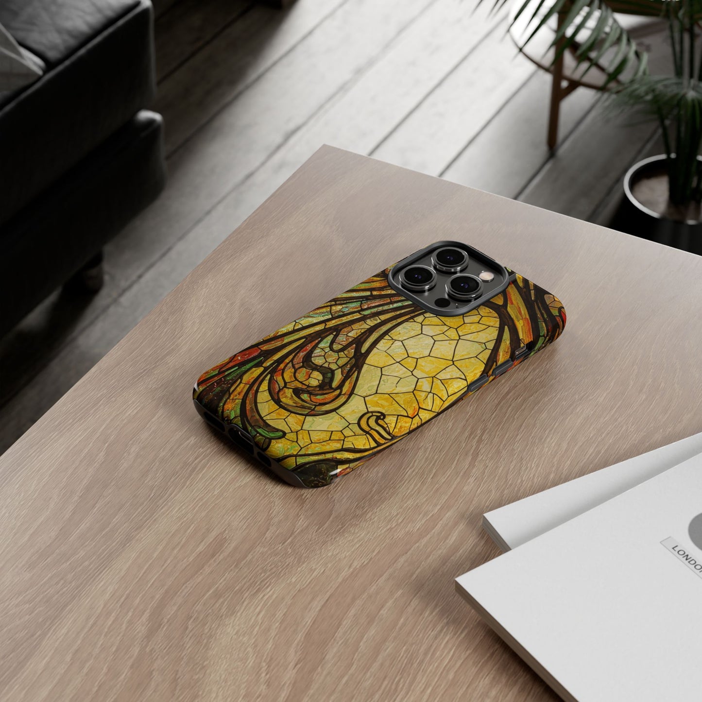 Faux Stained Glass Art Nouveau Style iPhone Case, Tough Cases, Vintage Design, Durable Phone Protector, Earth tones