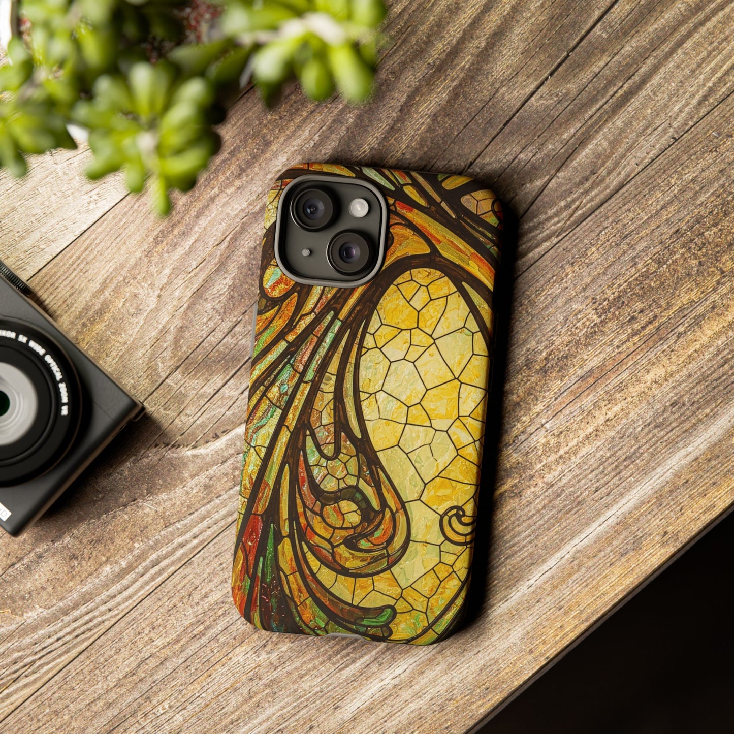 Faux Stained Glass Art Nouveau Style iPhone Case, Tough Cases, Vintage Design, Durable Phone Protector, Earth tones