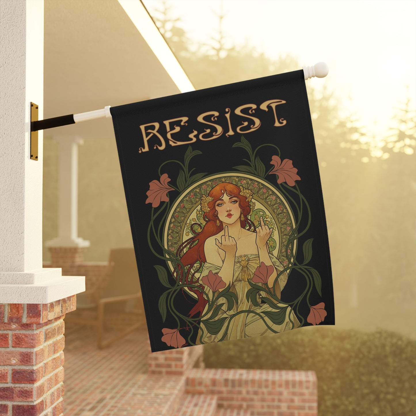 Protest Flag, Mucha Style Woman Flipping the Bird Banner, Political Activist Garden Decor, Feminist Art Nouveau Flag, Resist Flag, House