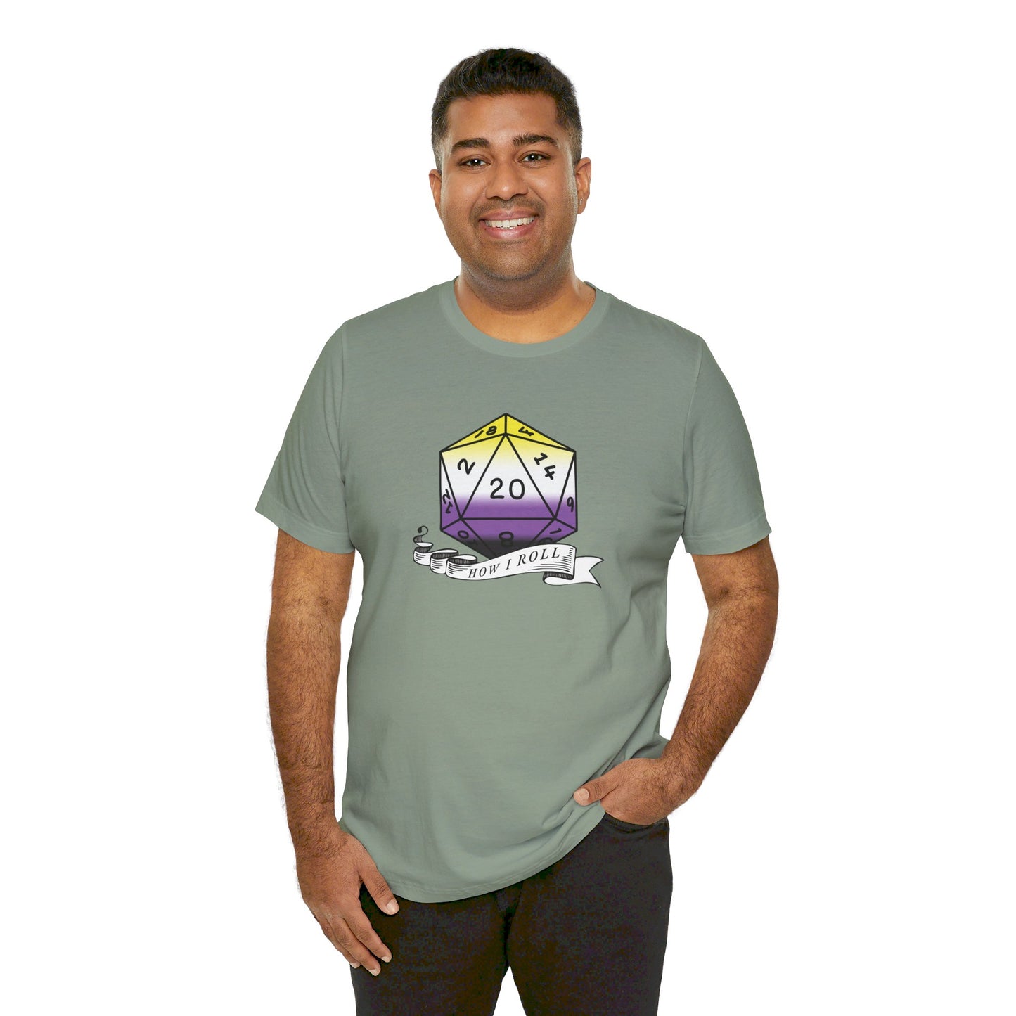 Non-Binary Pride Flag | This Is How I Roll | D20 T-Shirt | Unisex T-Shirt | Nerdy Non-Binary Pride