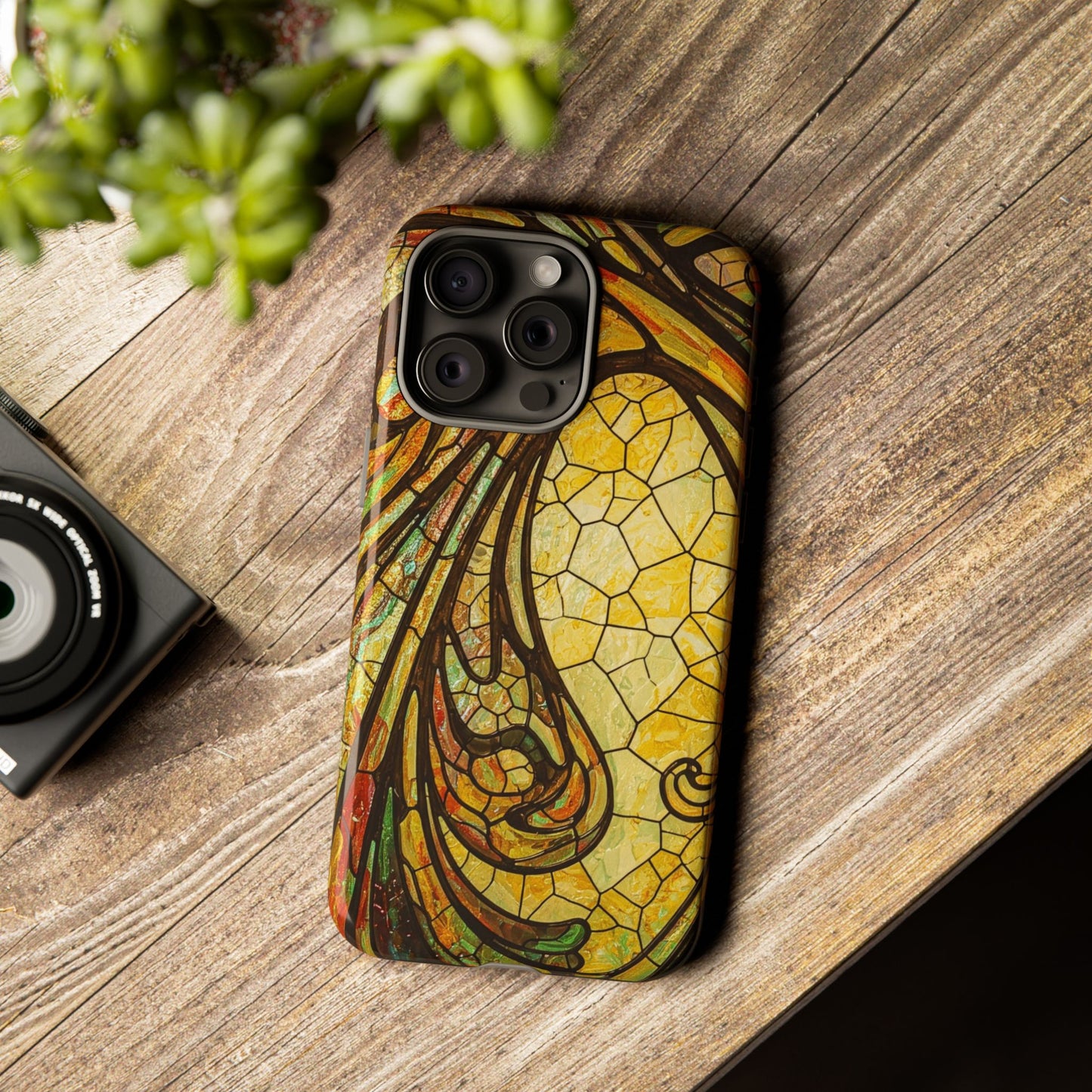 Faux Stained Glass Art Nouveau Style iPhone Case, Tough Cases, Vintage Design, Durable Phone Protector, Earth tones