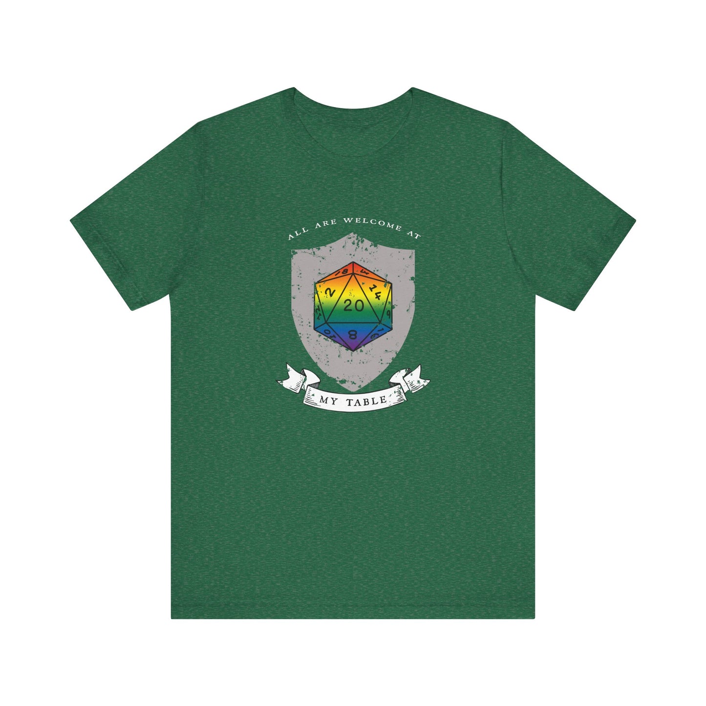 All Are Welcome At My Table | Ally | Game Mater| Dungeon Master | Pride Flag D20 T-Shirt | Unisex T-Shirt | Nerdy Non-Binary Pride