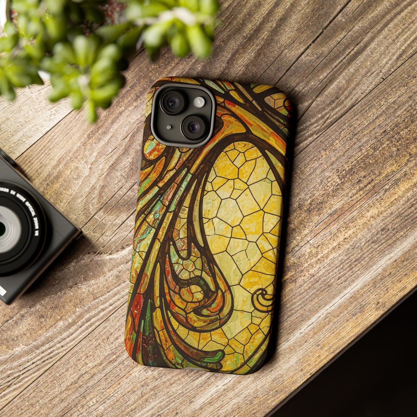 Faux Stained Glass Art Nouveau Style iPhone Case, Tough Cases, Vintage Design, Durable Phone Protector, Earth tones