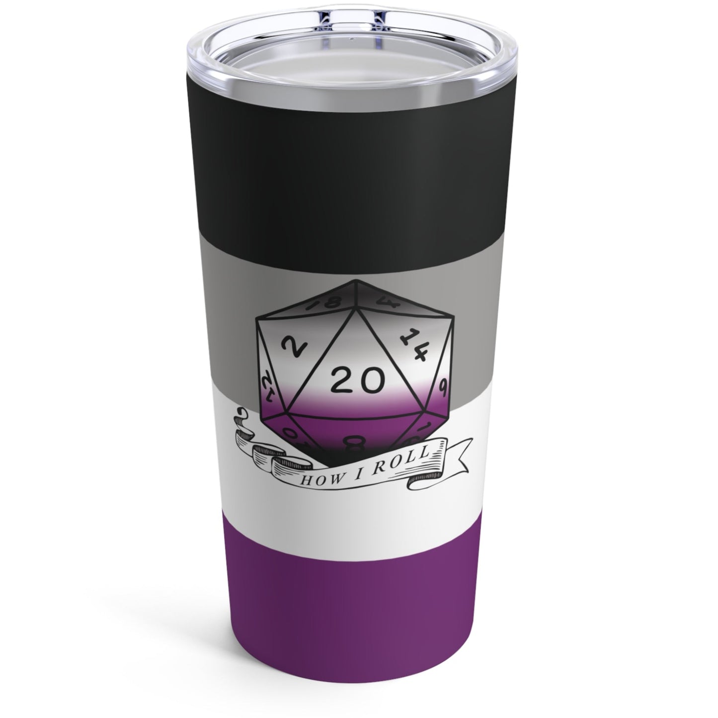 A 20 oz stainless steel tumbler with a black, purple, and white color scheme. It features a D20 (dice) symbol and text 'How I Roll' related to gaming.