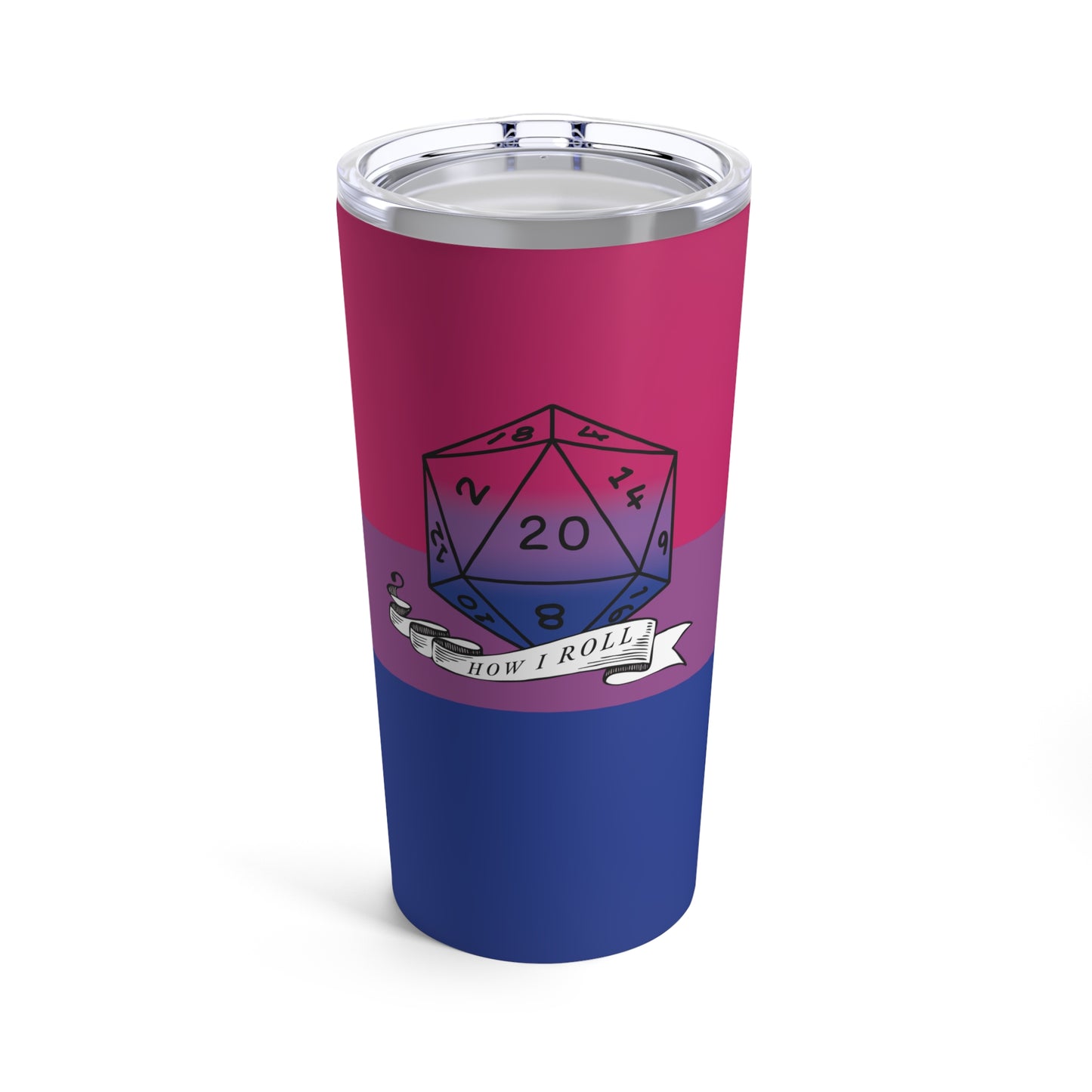 A 20 oz stainless steel tumbler with a pink to blue gradient design featuring a D20 dice and the text 'HOW I ROLL'.