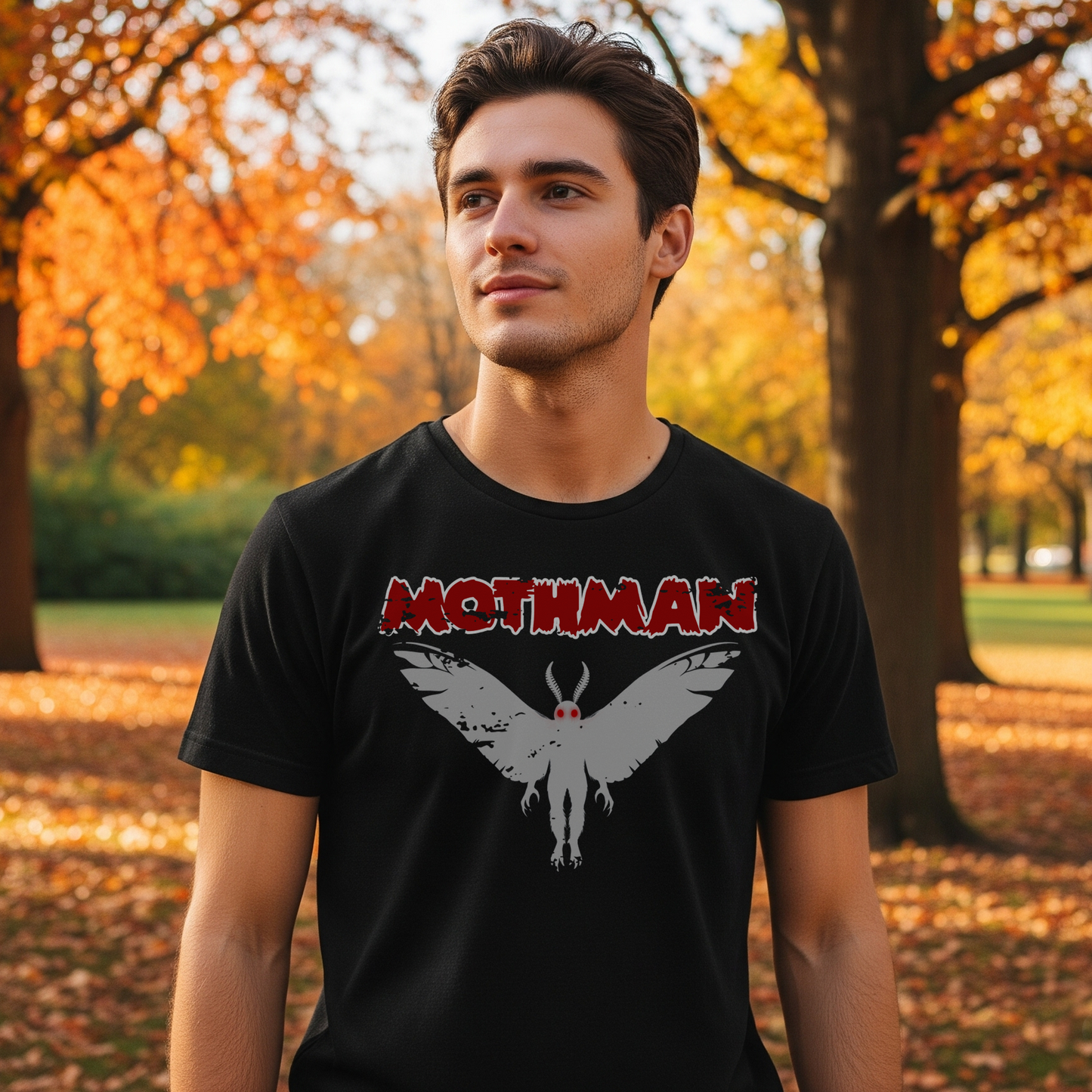 Man wearing a black t-shirt with 'Mothman' design in an autumn park