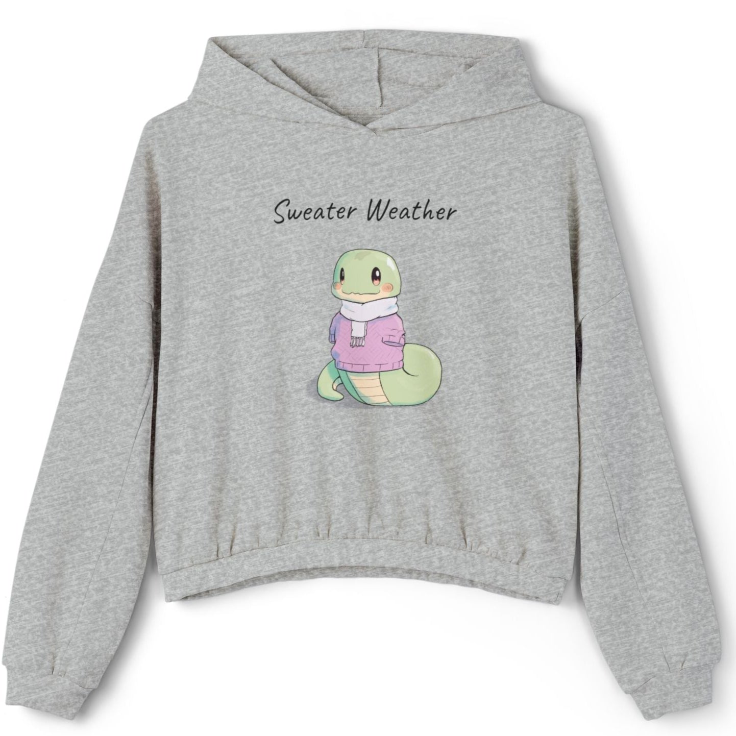 Gray hoodie with a cartoon character and 'Sweater Weather' text on a white background