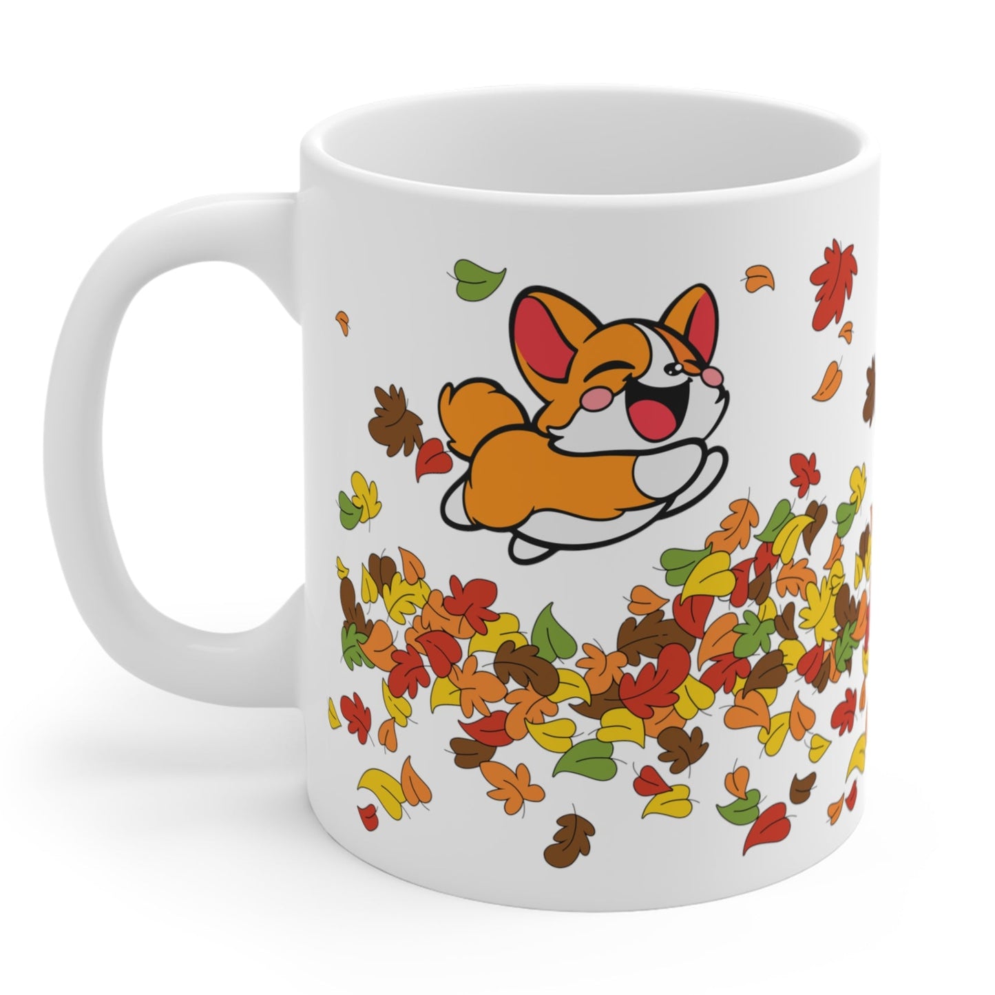 A white ceramic mug with a design of a corgi dog surrounded by colorful autumn leaves.